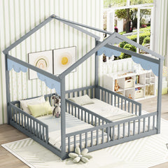 HAOYYE Double Twin House-Style Floor Bed with Fence, Guardrails, without door, Grey Sturdy Space-Saving Heavy Duty Modern Design Adults Dorm Room Easy Assembly Bedroom Furniture