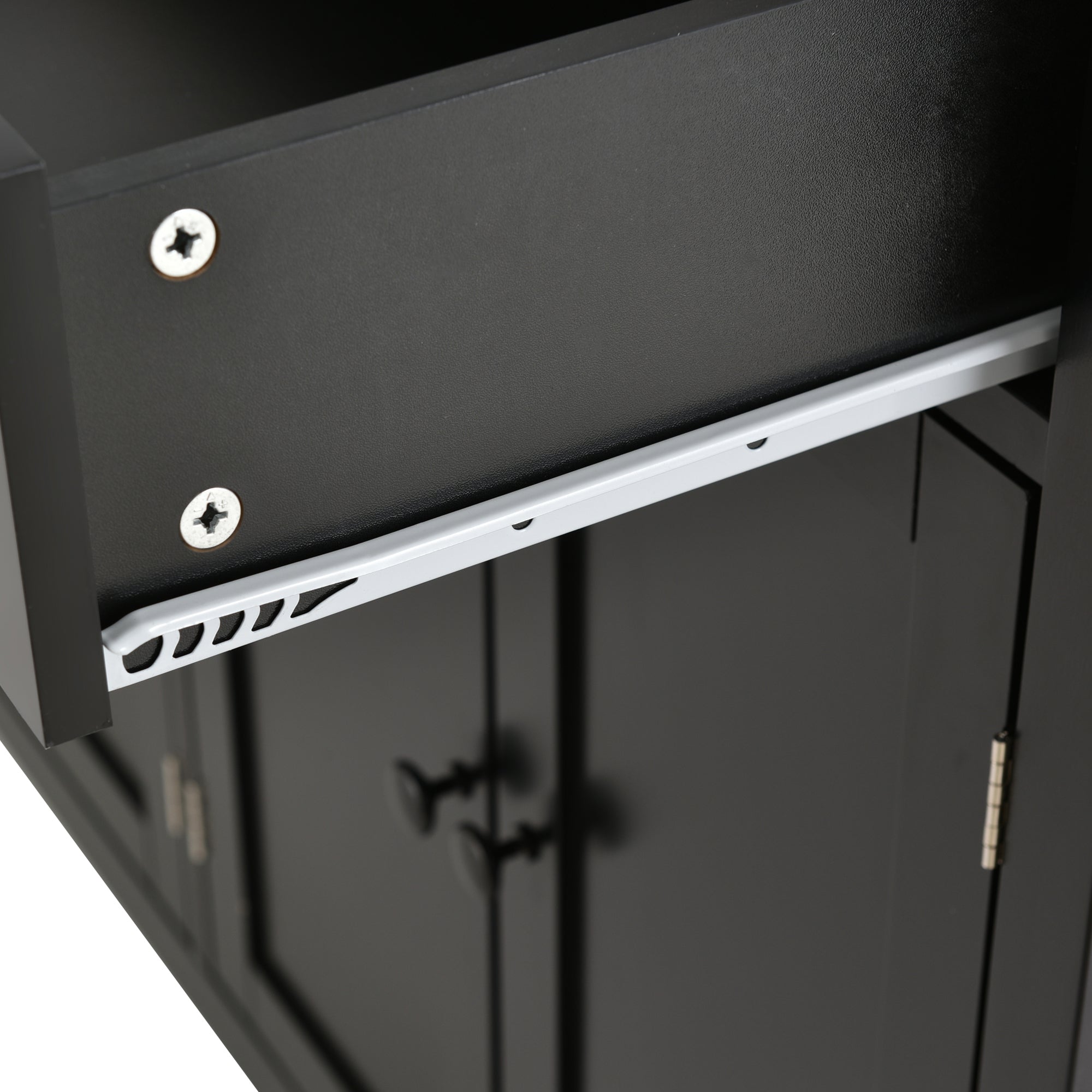 HAOYYE Kitchen Island Cart with Solid Wood Top, 4-Door Cabinet, Two Drawers, Spice Rack, and Towel Rack, Black Modern Kitchen Storage, Heavy Duty, Space-Saving Design, Mobile Island for Kitchen or Dining Room