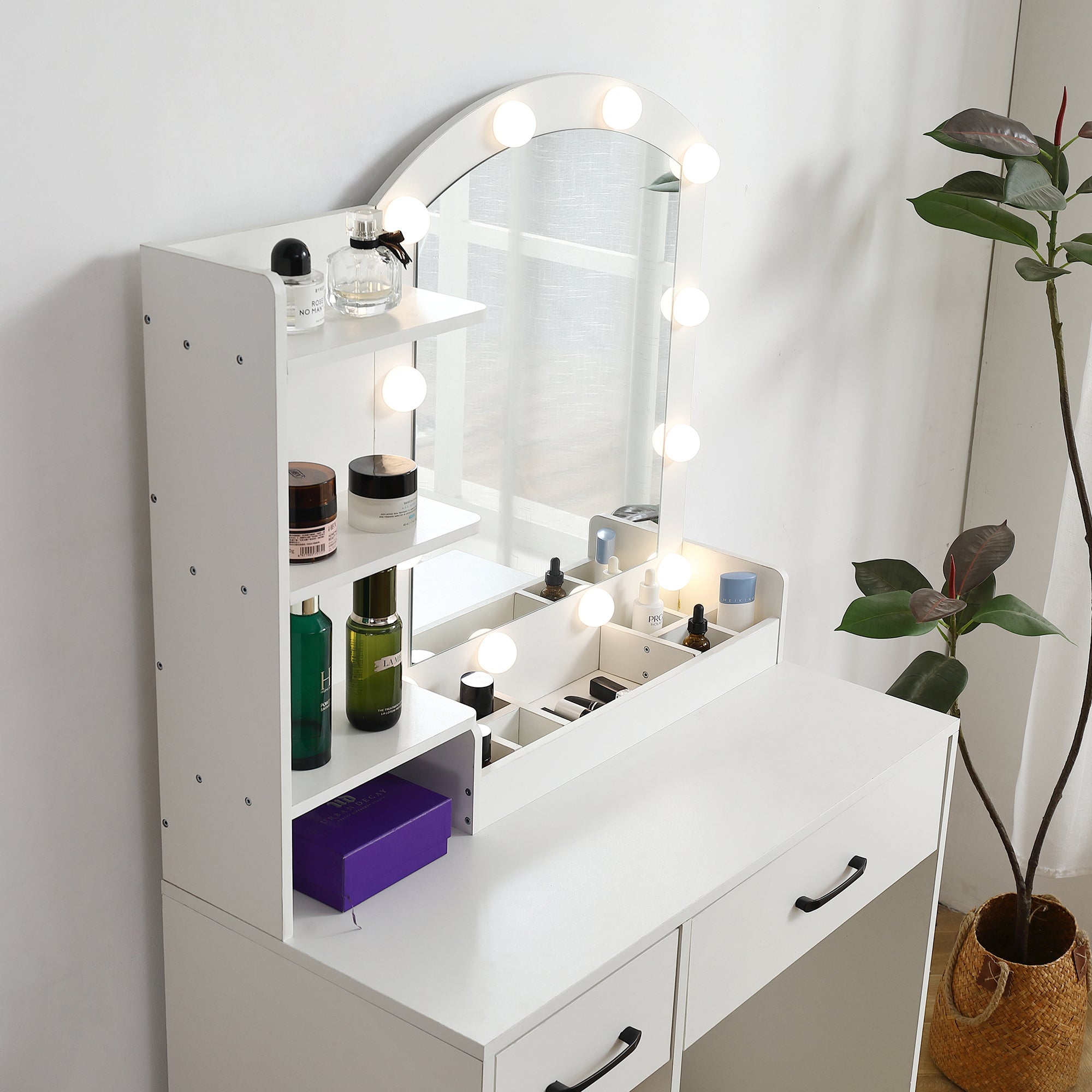 HAOYYE Vanity Desk Set with Lighted Mirror, 3-Color Adjustable Brightness, White Dressing Table with 2 Drawers, Storage Cabinet, and Upholstered Stool, Sturdy Space-Saving Design