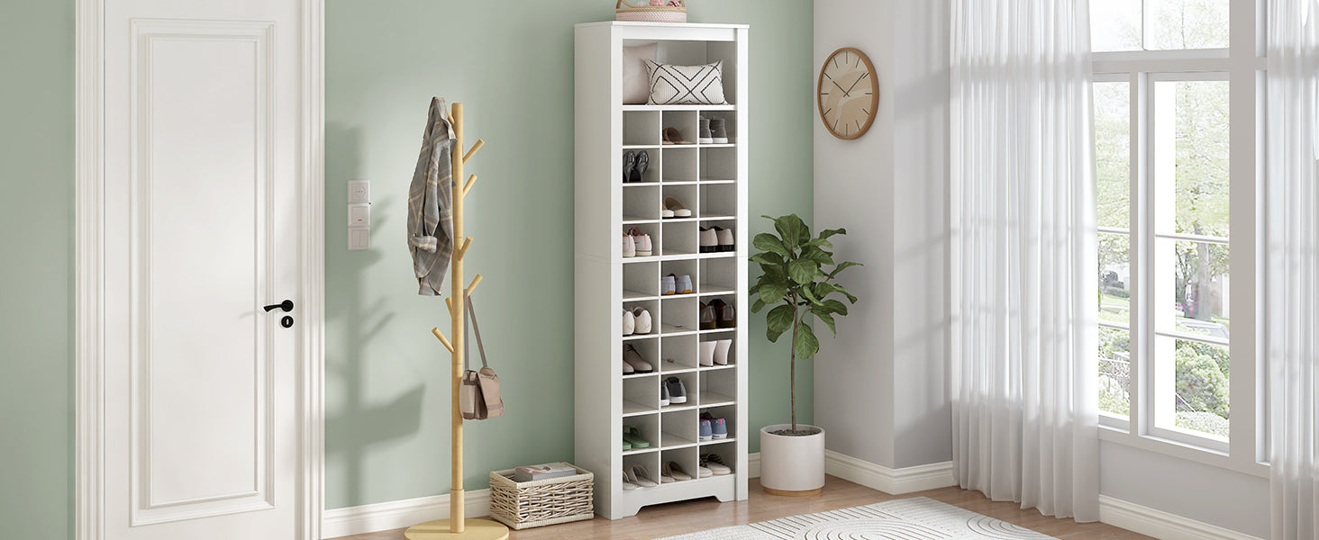 HAOYYE ON-TREND Stylish Design 30 Shoe Cubby Console, Contemporary Shoe Cabinet with Multiple Storage Capacity, Free Standing Tall Cabinet with Versatile Use for Hallway, Bedroom, White Sturdy Space-Saving