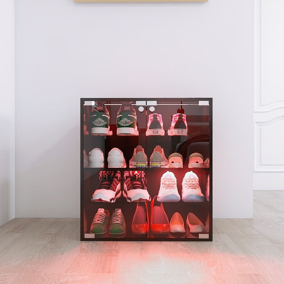 HAOYYE 4 Layers Black Shoe Cabinet with Glass Door and Glass Layer Shoes Display Cabinet with LED light Bluetooth Control Sturdy Space-Saving Heavy Duty Modern Design Adults Dorm Room Easy Assembly