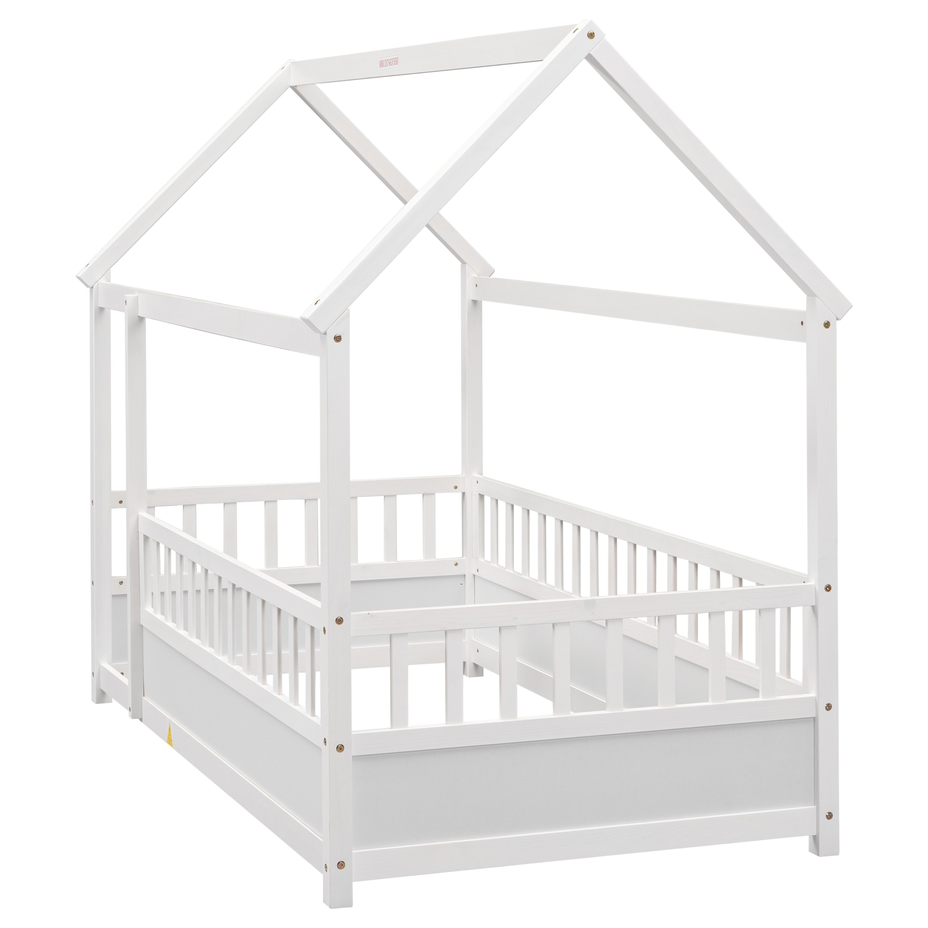 HAOYYE Twin Size Floor Wooden Bed with House Roof Frame, Fence Guardrails,White Sturdy Space-Saving Heavy Duty Modern Design Adults Dorm Room Easy Assembly Bedroom Furniture