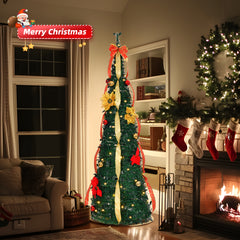 HAOYYE Green Pre-Lit Pop Up Christmas Tree Fully Decorated Artificial Holiday Tree with 80 Warm LED Lights Battery Operated and Red Gold Ornaments for Home Office Store Seasonal Decoration