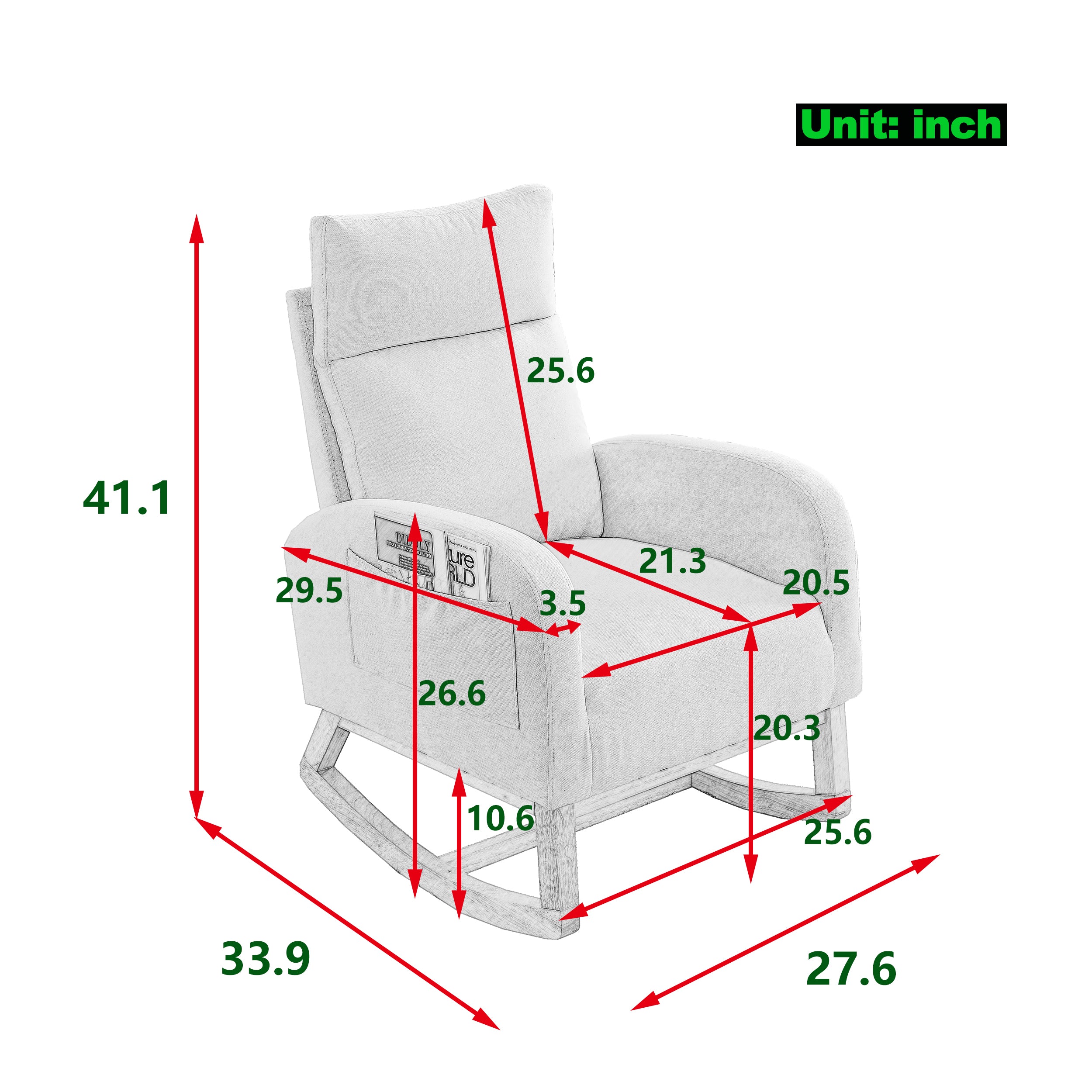 HAOYYE 27.6"W Modern Accent High Backrest Living Room Lounge Arm Rocking Chair, Two Side Pocket ,Teddy White (Ivory) Sturdy Space-Saving Heavy Duty Modern Design Adults Dorm Room