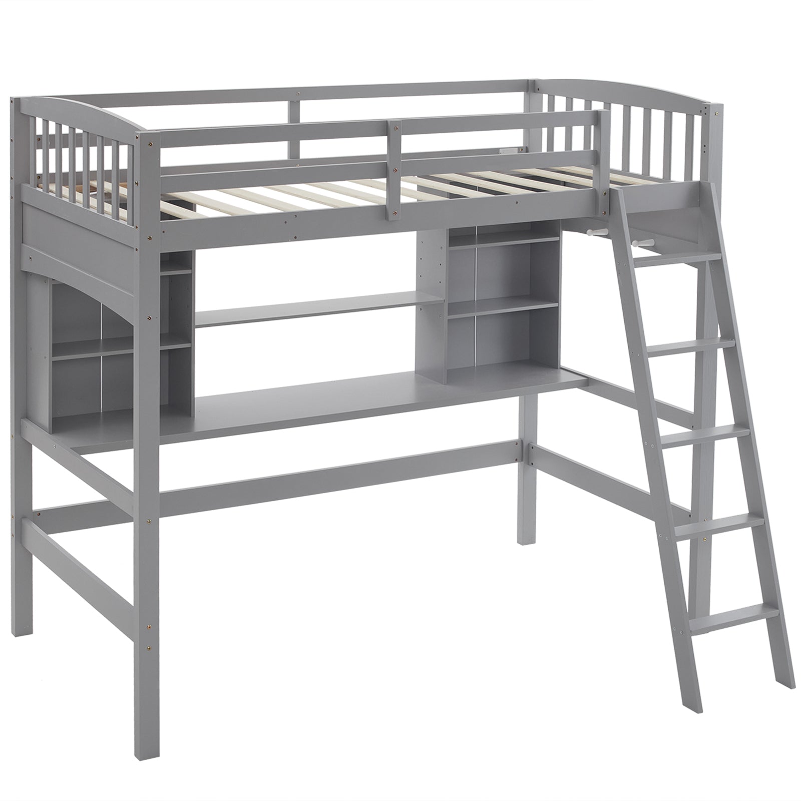 HAOYYE Loft Bed with Shelf & Desk, Inclined Ladder, Gray Twin Wooden Bed, Pine & Particle Board, Space-Saving Design for Kids, Teens, and Dorm Rooms, Sturdy Construction, Easy Assembly, Modern & Functional