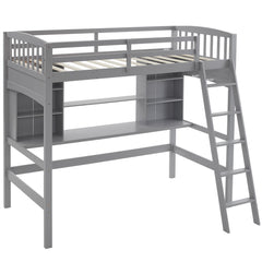 HAOYYE Loft Bed with Shelf & Desk, Inclined Ladder, Gray Twin Wooden Bed, Pine & Particle Board, Space-Saving Design for Kids, Teens, and Dorm Rooms, Sturdy Construction, Easy Assembly, Modern & Functional
