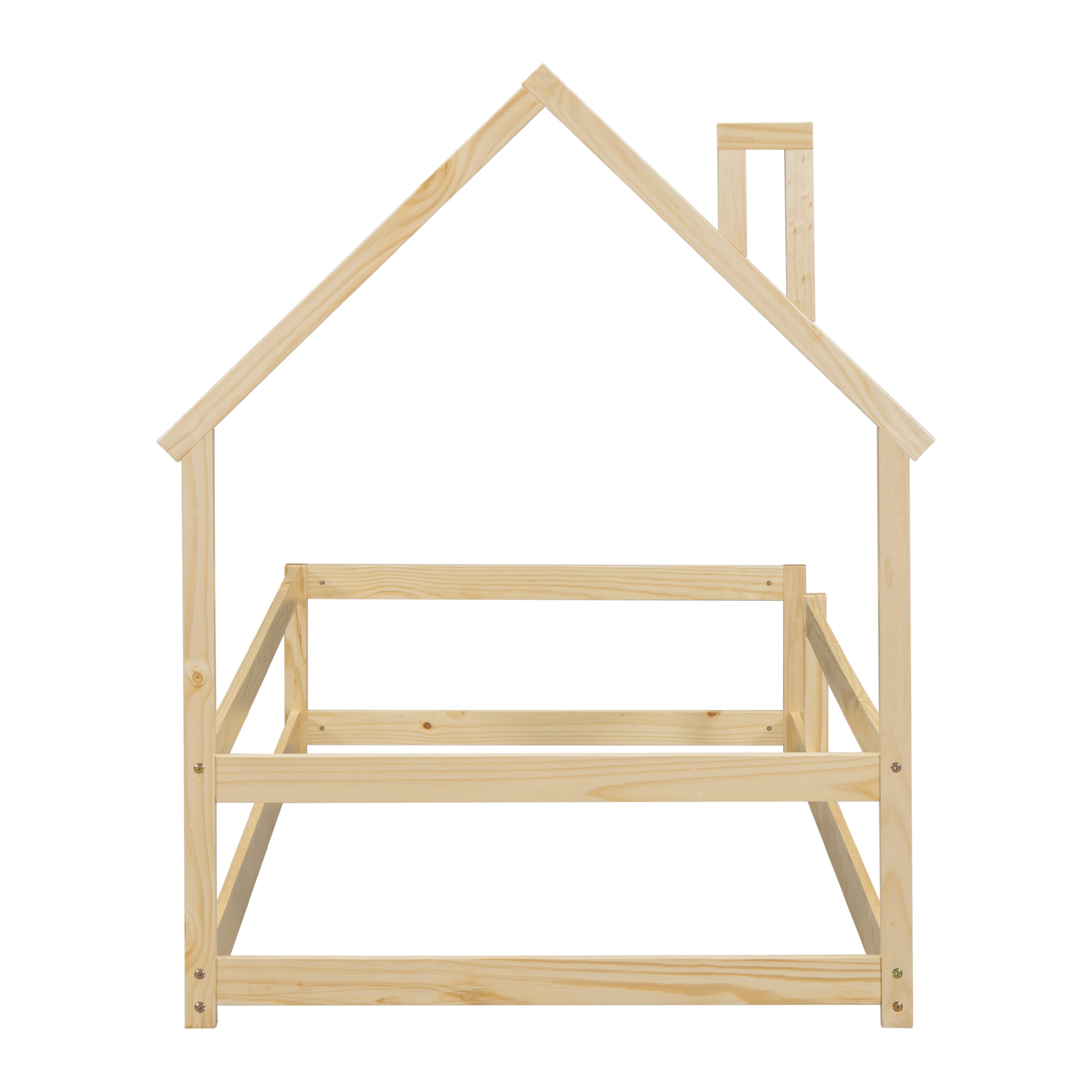 Haoyye Twin Size Wood Bed with House-Shaped Headboard, Floor Bed Frame with Fences and Guardrails, Low Platform Design for Bedroom or Dorm, Sturdy Pine Construction, Space-Saving and Heavy Duty, Easy Assembly, Ideal for Cozy Sleeping Spaces