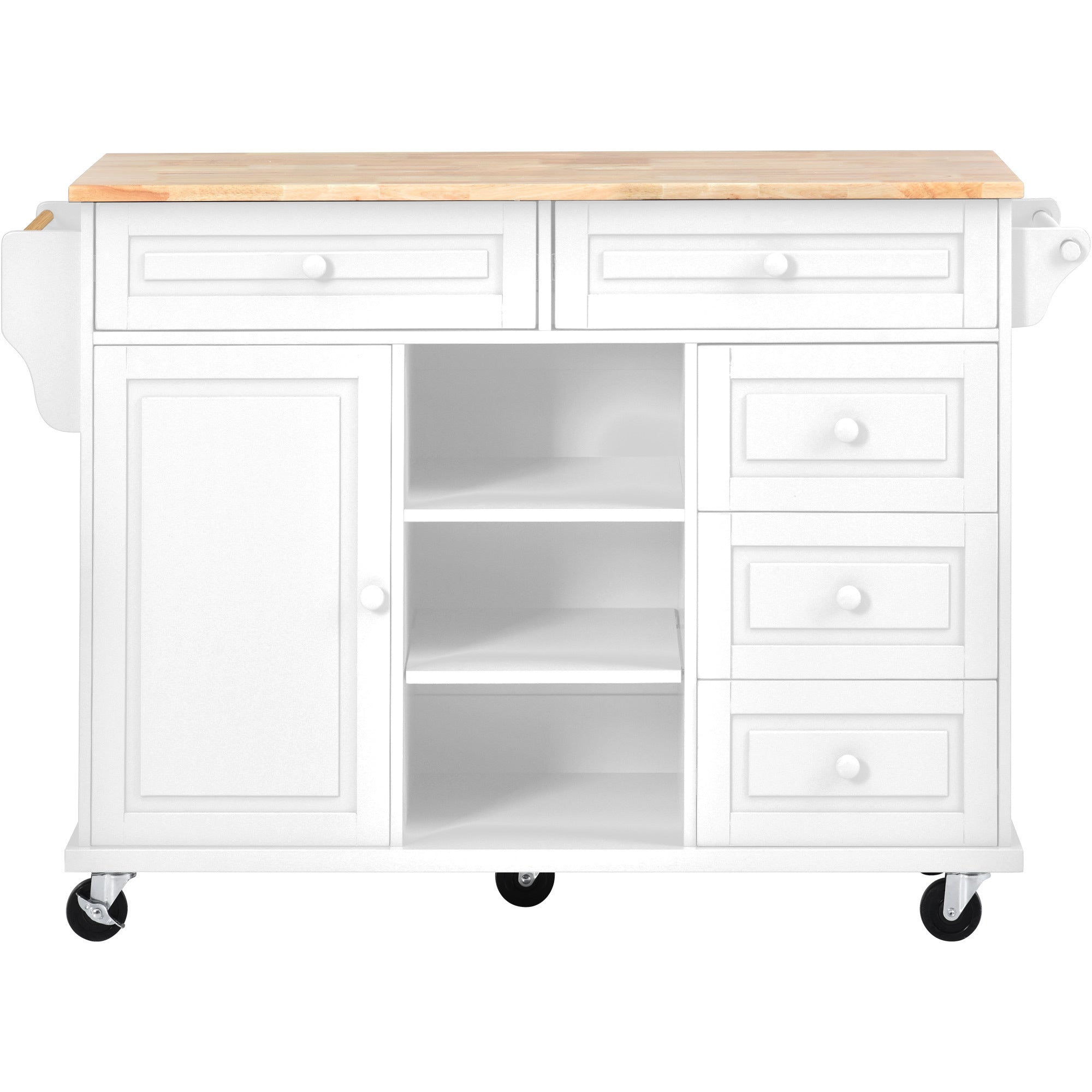 HAOYYE Kitchen cart with Rubber wood desktop rolling mobile kitchen island with storage and 5 draws 53 Inch length(White) Sturdy Space-Saving Heavy Duty Modern Design Adults Dorm Room Easy Assembly