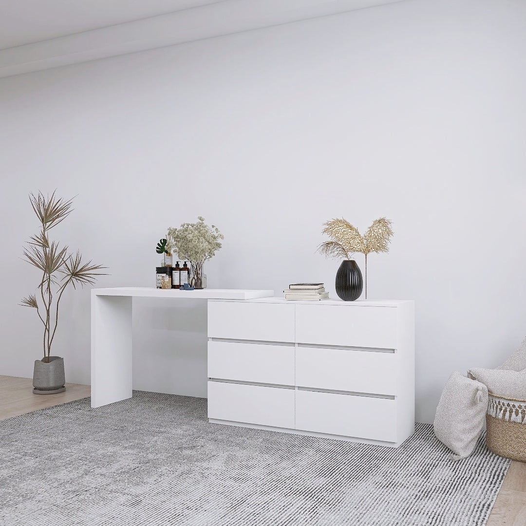 HAOYYE Extended Desktop 6-Drawer Dresser, White Modern Chest without Handles, Sturdy Space-Saving Design, Heavy Duty Construction, Ideal for Bedroom, Vanity, Dorm Room, Easy Assembly