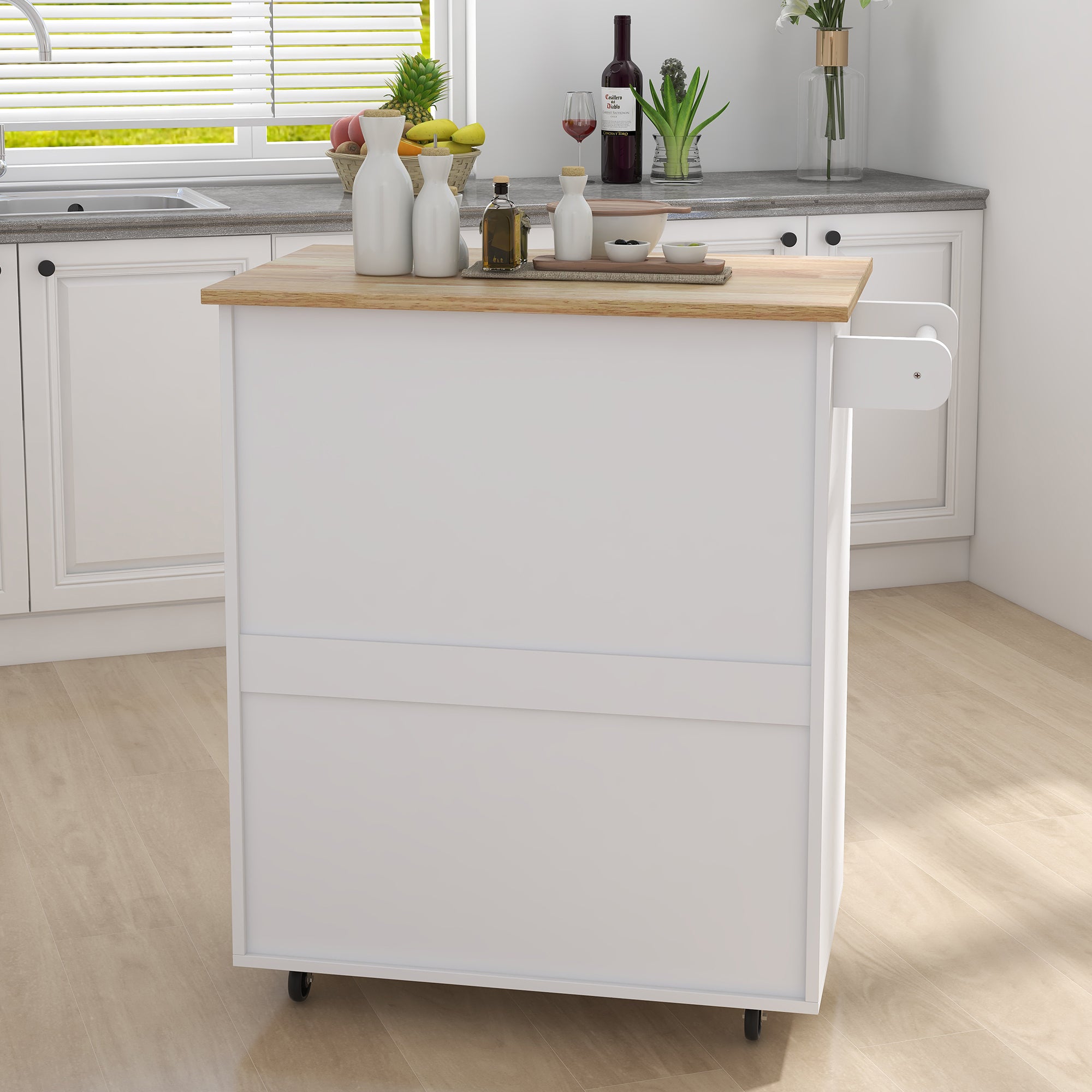 HAOYYE Kitchen island rolling trolley cart with Adjustable Shelves and towel rack rubber wood table top Sturdy Space-Saving Heavy Duty Modern Design Easy Assembly Durable Stylish Home Furniture Versatile