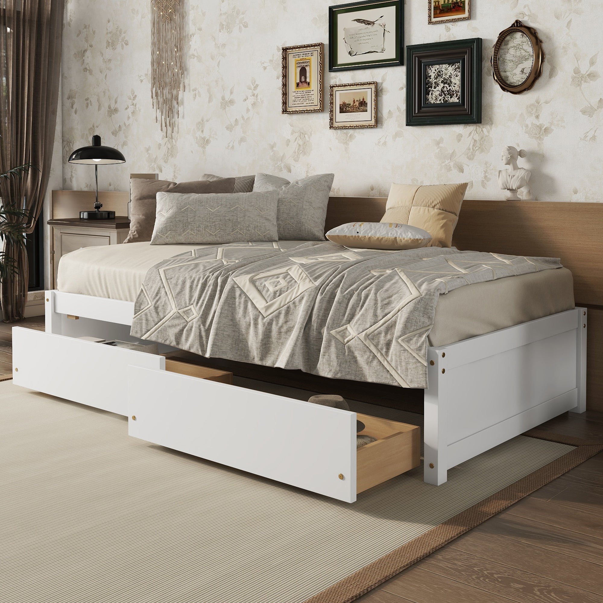 HAOYYE Solid Wood Twin Bed Frame With 2 Storage Drawers, No Box Spring Needed, Space-Saving Heavy Duty Design For Bedroom Or Dorm Room, Sturdy And Easy To Assemble