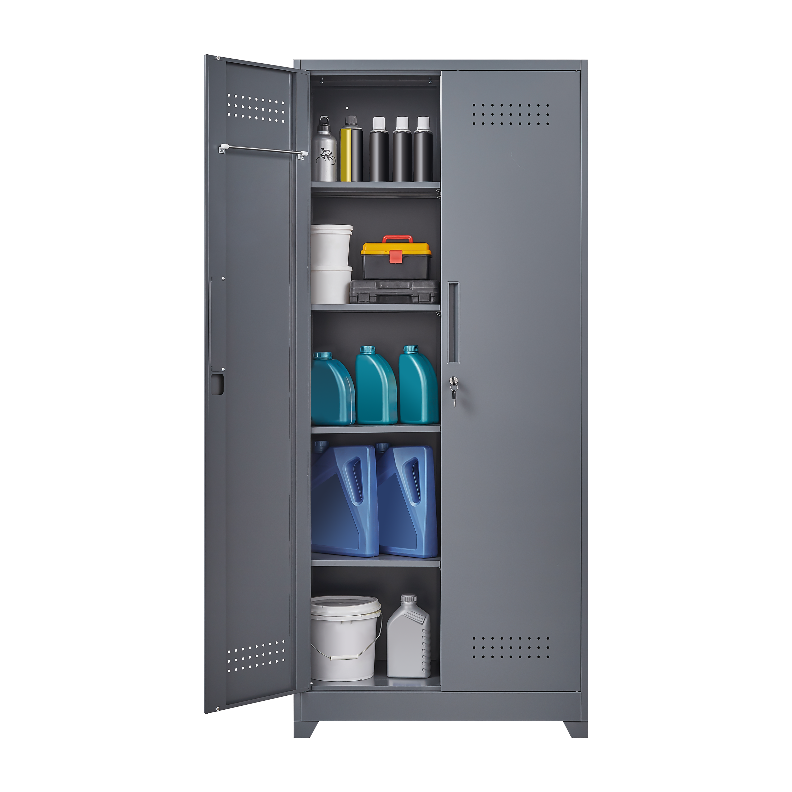 HAOYYE Metal Storage Cabinets, Cleaning Tool Cabinet with Locking Door, Tall Broom Tool Organizer and Storage, Large Storage Cabinet for Kitchen, Pantry, Office, Shop Sturdy Space-Saving Heavy Duty Durable