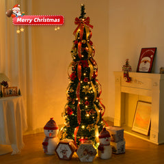 HAOYYE Green Pre-lit Pop Up Christmas Tree Fully Decorated Artificial Xmas Tree with 150 Warm LED Lights Red and Golden Ornaments Easy Assembly for Home Office Store Holiday Decoration