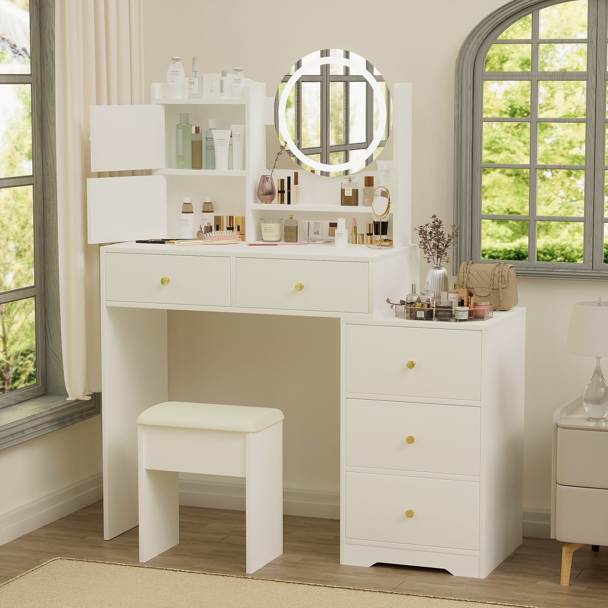HAOYYE Fashion Vanity Desk with Mirror and Lights for Makeup and Cushioned Chair, Vanity Mirror with Lights and Table Set with 3 Color Lighting Brightness Adjustable,Dressing table, White Color Sturdy