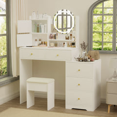 HAOYYE Fashion Vanity Desk with Mirror and Lights for Makeup and Cushioned Chair, Vanity Mirror with Lights and Table Set with 3 Color Lighting Brightness Adjustable,Dressing table, White Color Sturdy