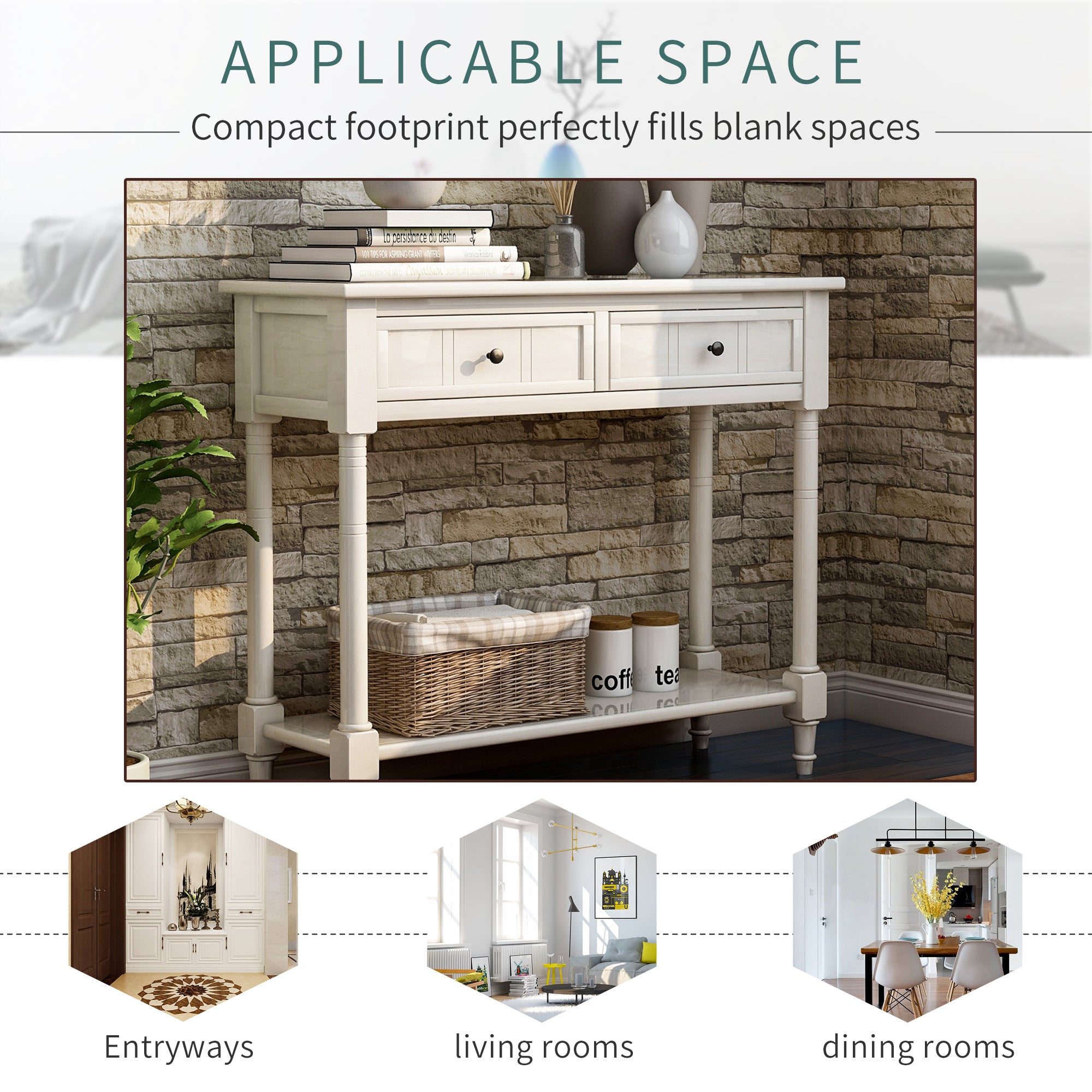 HAOYYE Daisy Series Console Table, Traditional Design with Two Drawers and Bottom Shelf, Ivory White, Sturdy Space-Saving Construction, Heavy Duty Design, Easy Assembly, Durable and Stylish Home Furniture, Versatile for Living Room or Entryway