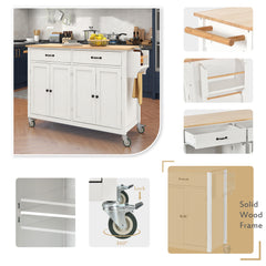 HAOYYE Kitchen Island Cart with Solid Wood Top, Locking Wheels, Four Door Cabinet, Two Drawers, Spice Rack, and Towel Rack, White, Sturdy Space-Saving Design, Heavy Duty Construction, Easy Assembly, Durable and Stylish Home Furniture