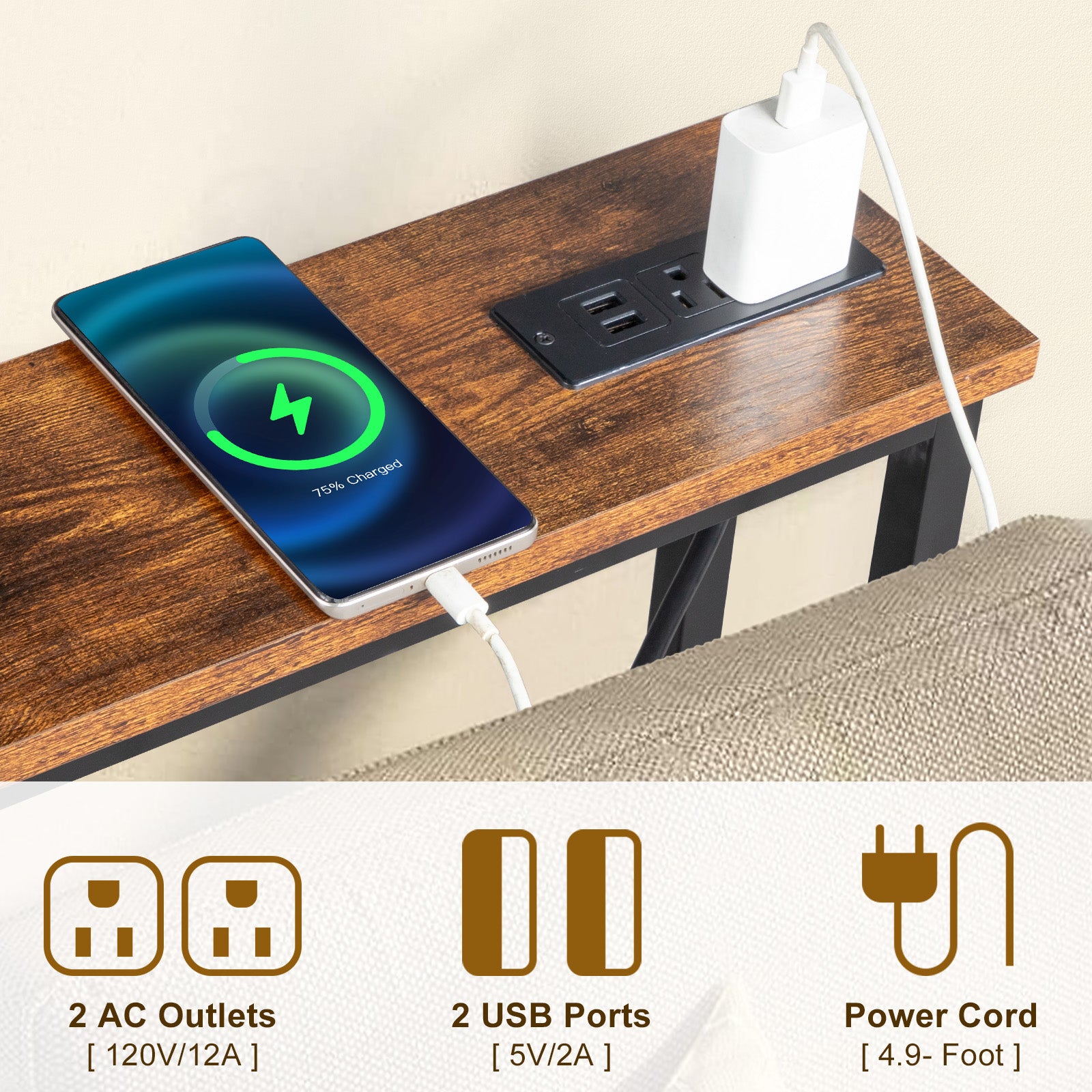 HAOYYE Console Sofa Table with Power Outlets and USB Ports, Slim Skinny Couch Table with Metal Frame and Charging Station, Ideal for Apartments, Living Rooms, and Dorms, Rustic Brown