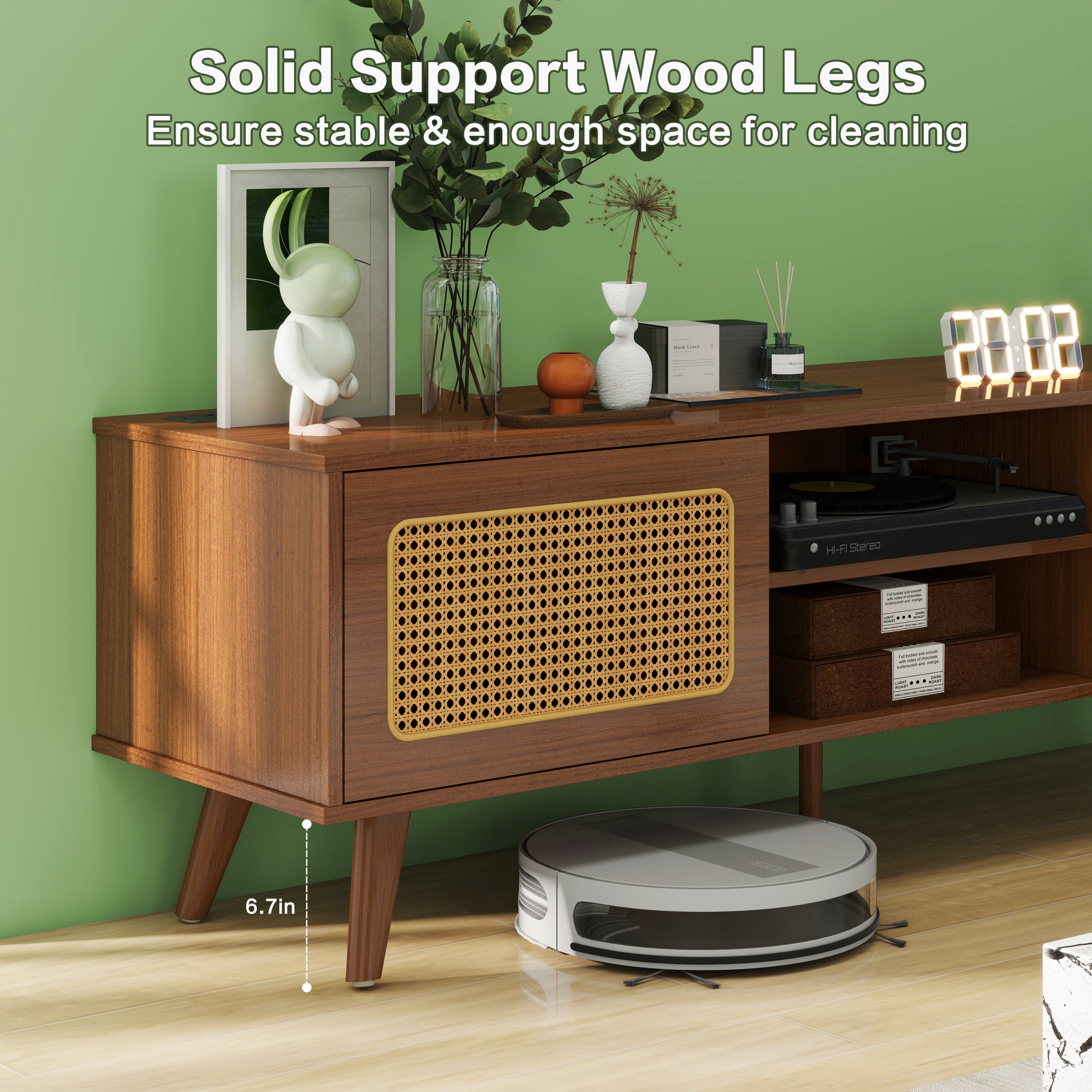 HAOYYE Mid Century Modern Rattan TV Stand for 55/60/65 inch TV , Entertainment Cabinet, Media Console for Living Room Bedroom Media Room, Solid Wood Feet & Rattan Cabinet Doors (Walnut, 59") Sturdy