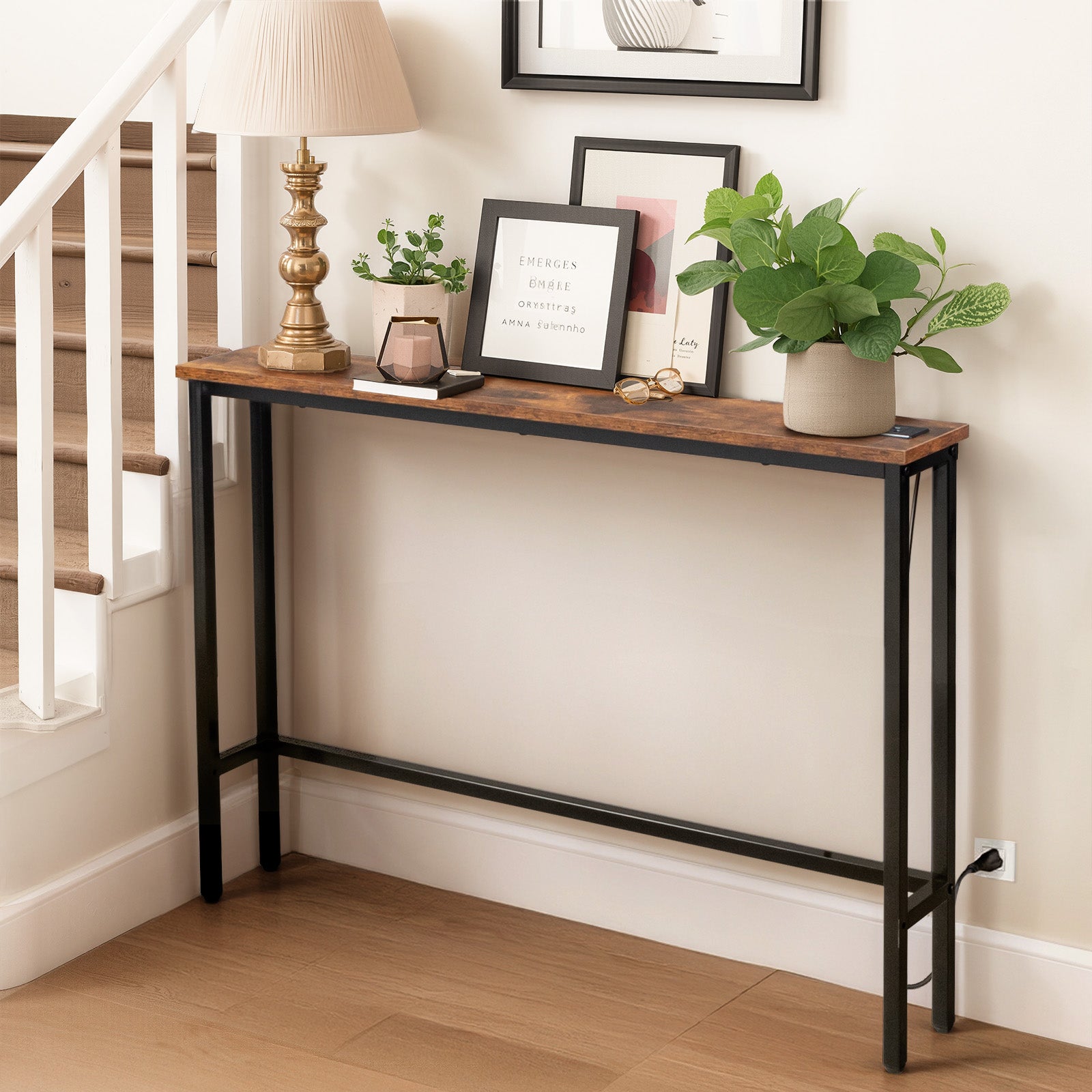 HAOYYE Console Sofa Table with Power Outlets and USB Ports, Slim Skinny Couch Table with Metal Frame and Charging Station, Ideal for Apartments, Living Rooms, and Dorms, Rustic Brown