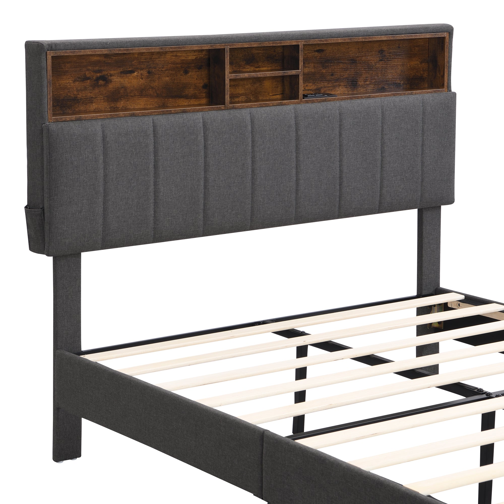 HAOYYE Full size Upholstered Platform Bed with Storage Headboard and USB Port, Linen Fabric Upholstered Bed (Gray) Sturdy Space-Saving Heavy Duty Modern Design Easy Assembly Durable Stylish Home Furniture