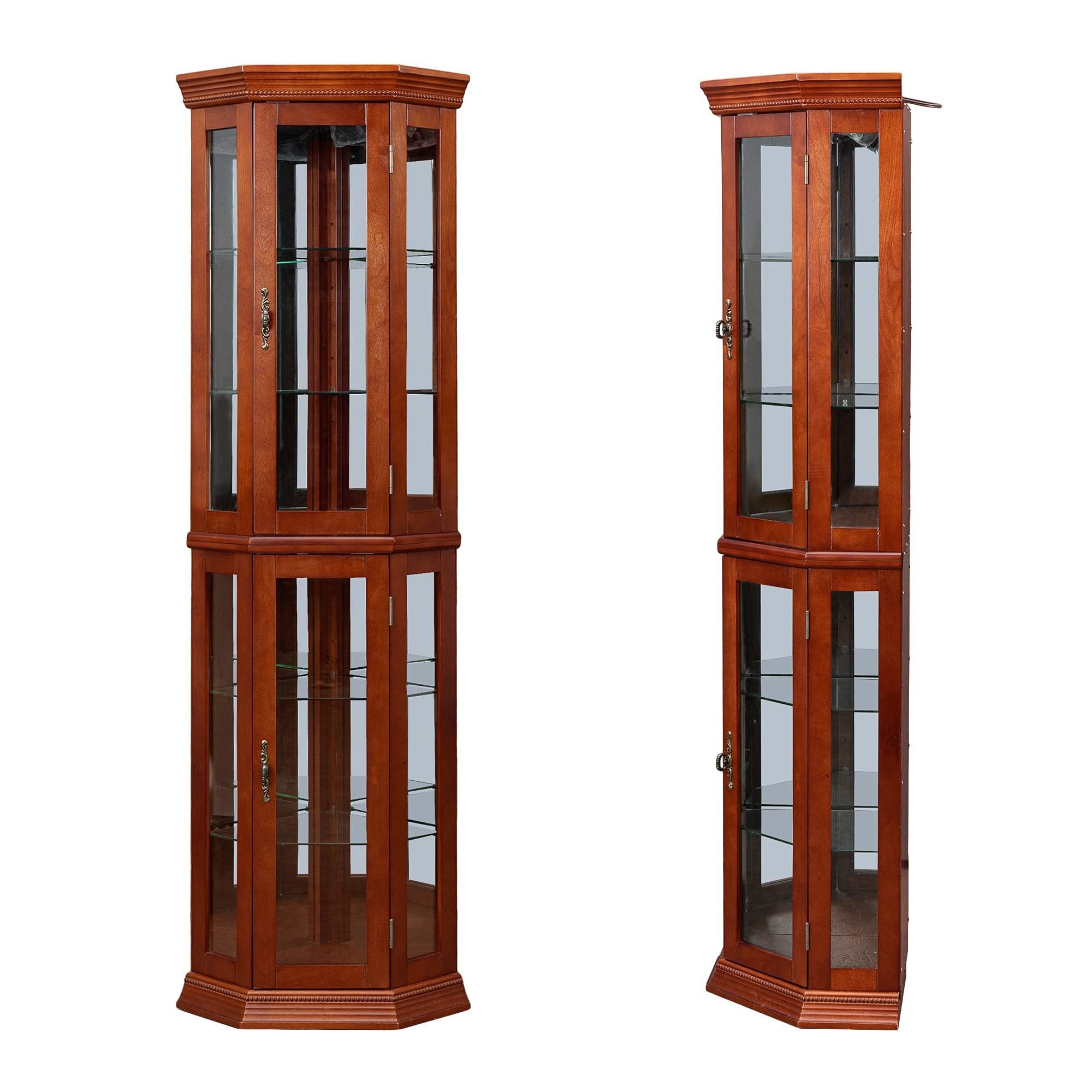 HAOYYE Corner Curio Cabinet with Lights, Adjustable Tempered Glass Shelves, Mirrored Back, Display Cabinet,Light Walnut (E26 light bulb not included) Sturdy Space-Saving Heavy Duty Modern Design Adults