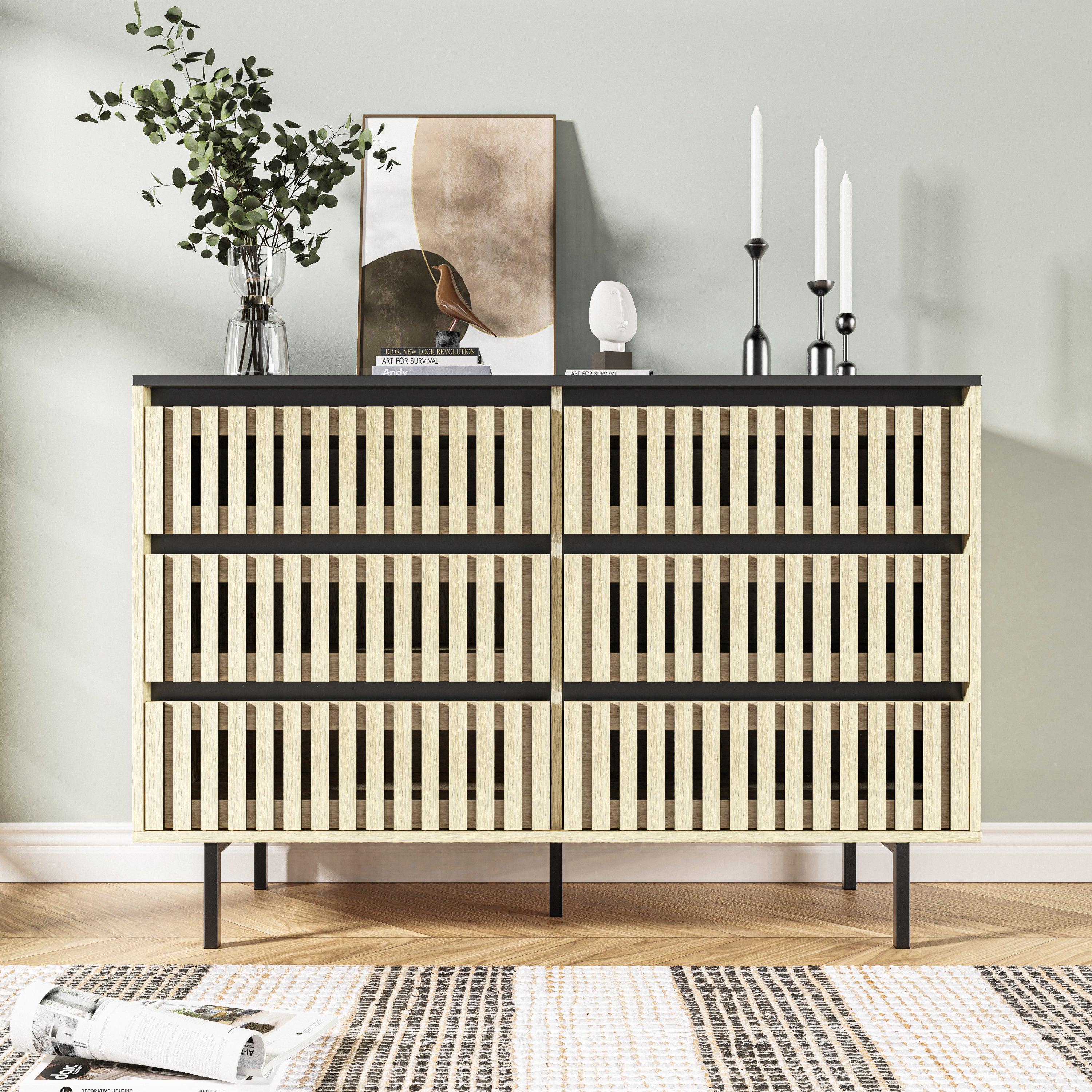 HAOYYE Bedroom Storage Cabinet, Modern Minimalist Six-Drawer Cabinet with Large Capacity, Two-Tone Design, Sturdy Space-Saving Heavy Duty Construction, Ideal for Adults and Dorm Rooms, Easy Assembly