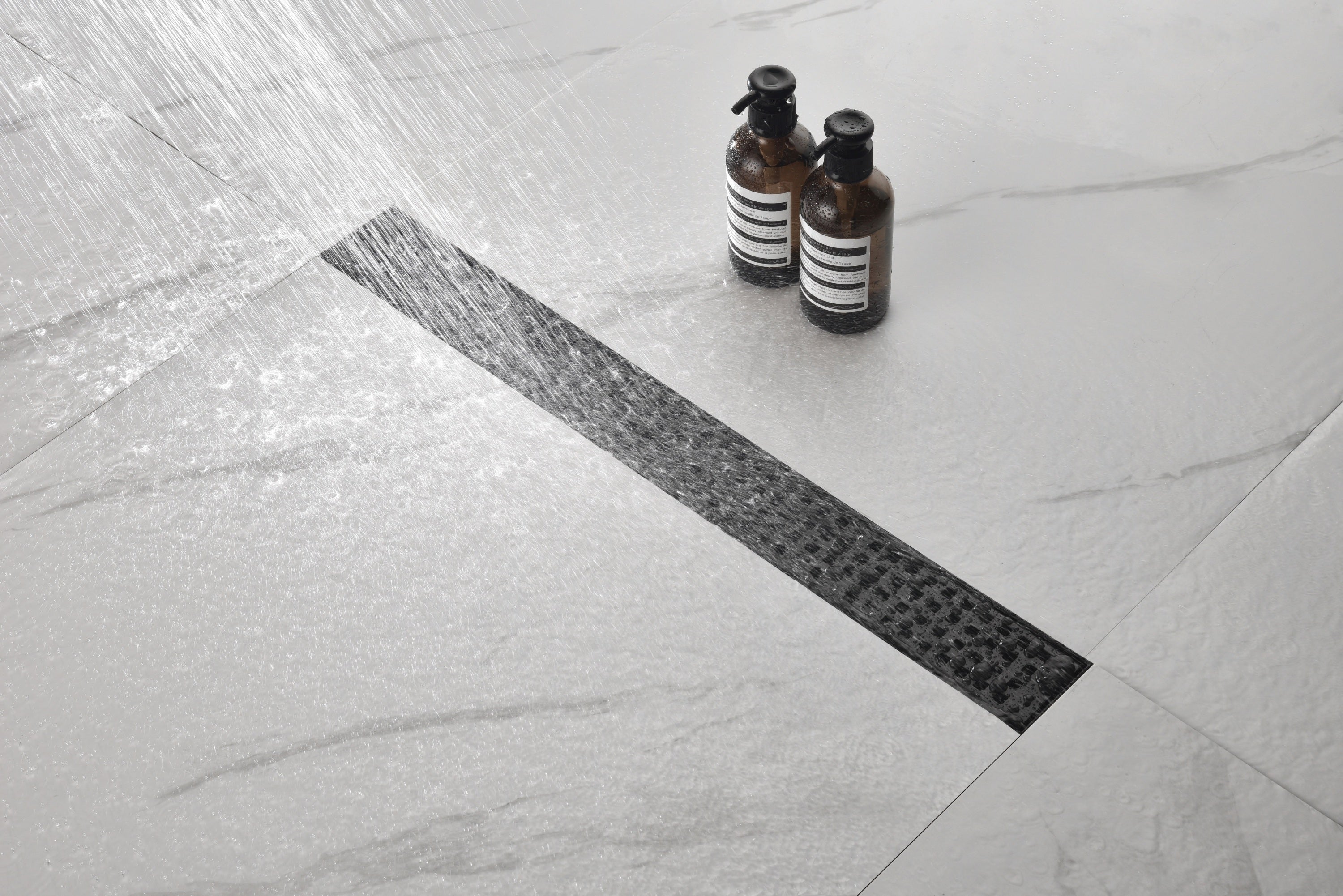 HAOYYE Linear Shower Drain with Removable Quadrato Pattern Grate, 304 Stainless Shower Drain Included Hair Strainer and Leveling Feet Sturdy Space-Saving Heavy Duty Modern Design Adults Dorm Room