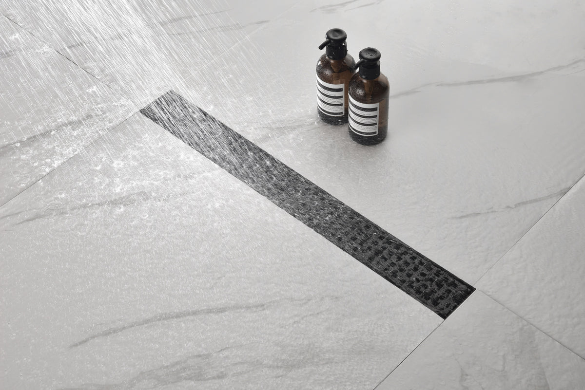 HAOYYE Linear Shower Drain with Removable Quadrato Pattern Grate, 304 Stainless Shower Drain Included Hair Strainer and Leveling Feet Sturdy Space-Saving Heavy Duty Modern Design Adults Dorm Room