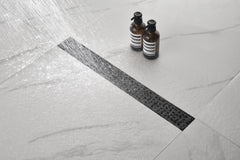 HAOYYE Linear Shower Drain with Removable Quadrato Pattern Grate, 304 Stainless Shower Drain Included Hair Strainer and Leveling Feet Sturdy Space-Saving Heavy Duty Modern Design Adults Dorm Room