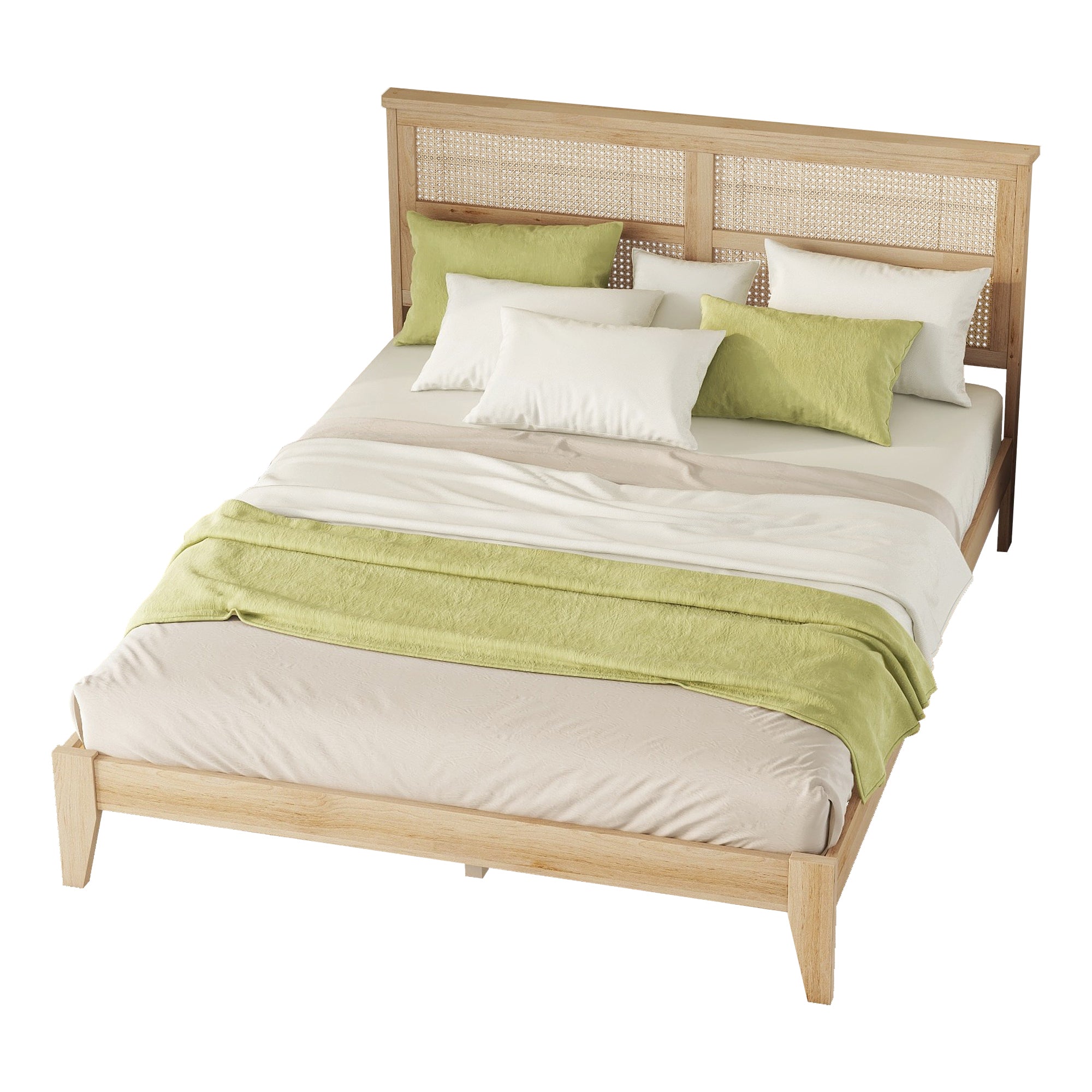 HAOYYE Queen Size Rubber Wooden, Solid Wooden Bed with Rattan Headboard, Enhanced by Support Feet,Oak White Sturdy Space-Saving Heavy Duty Modern Design Adults Dorm Room Easy Assembly Bedroom Furniture