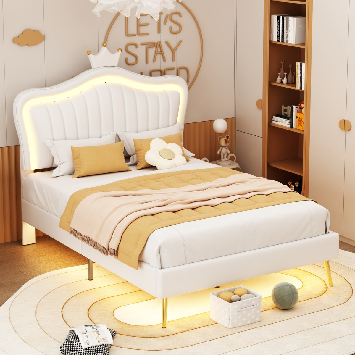 HAOYYE Full Size Upholstered Bed Frame with LED Lights,Modern Upholstered Princess Bed With Crown Headboard,White Sturdy Space-Saving Heavy Duty Modern Design Adults Dorm Room Easy Assembly