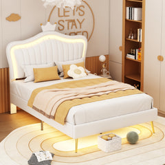 HAOYYE Full Size Upholstered Bed Frame with LED Lights,Modern Upholstered Princess Bed With Crown Headboard,White Sturdy Space-Saving Heavy Duty Modern Design Adults Dorm Room Easy Assembly