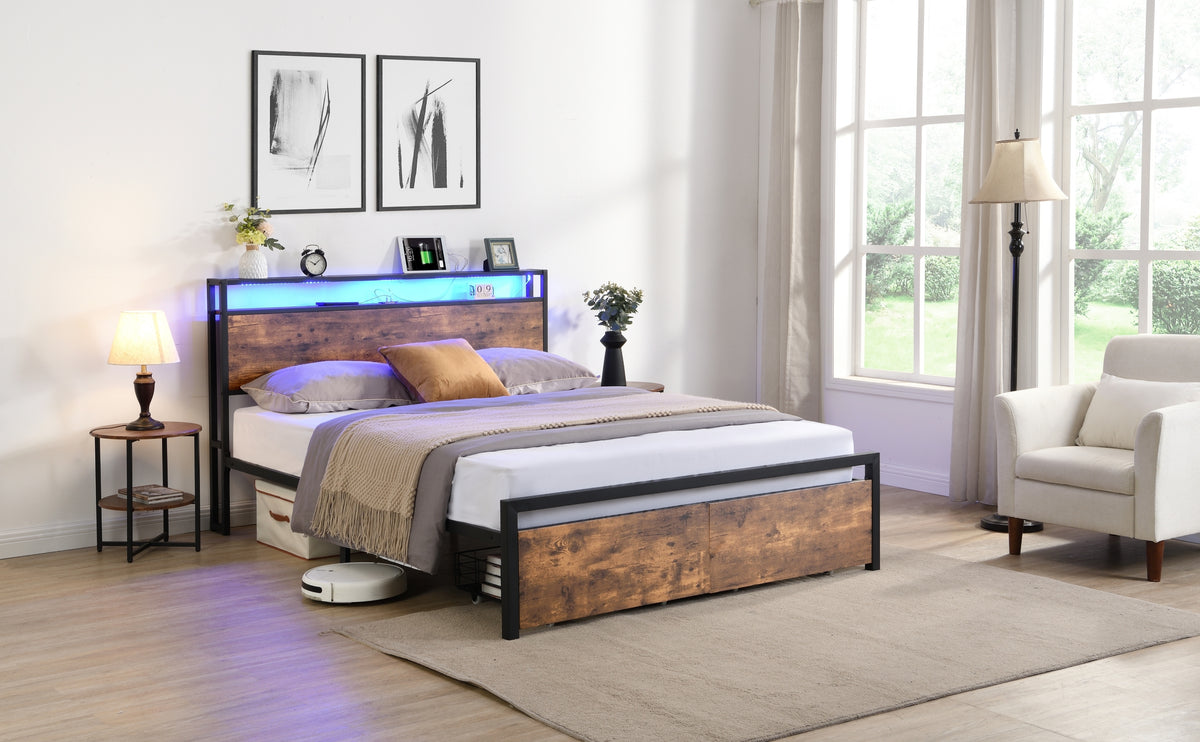 HAOYYE Full Size Bed Frame with Storage Headboard and 2 Drawers, LED Lights Bed with Charging Station, Metal Platform Bed No Noise, Mattress Foundation Strong Metal Slats Support No Box Spring Needed Sturdy