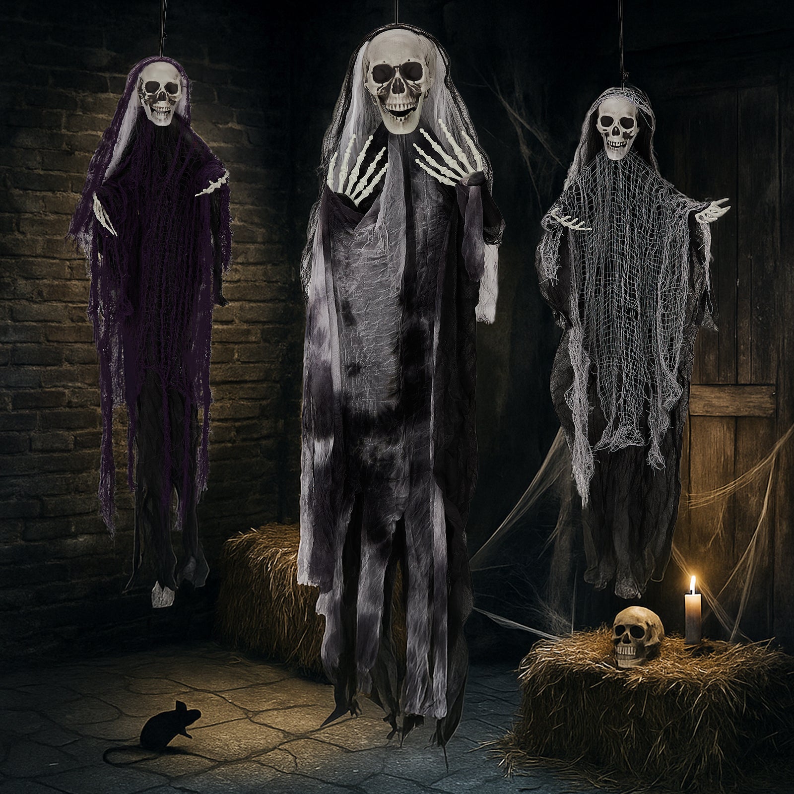 HAOYYE Halloween Hanging Skeleton Ghost Decorations 3-Pack Set Grim Reapers with Adjustable Arms for Spooky Outdoor and Indoor Halloween Party Decor Durable Plastic and Fabric