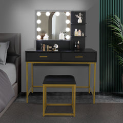 HAOYYE Large Vanity Set with 10 LED Bulbs, Makeup Table with Cushioned Stool, Multiple Storage Shelves and Drawers, Stylish Dressing Table Desk for Bedroom, Modern Black Design for Convenient Makeup and Organization