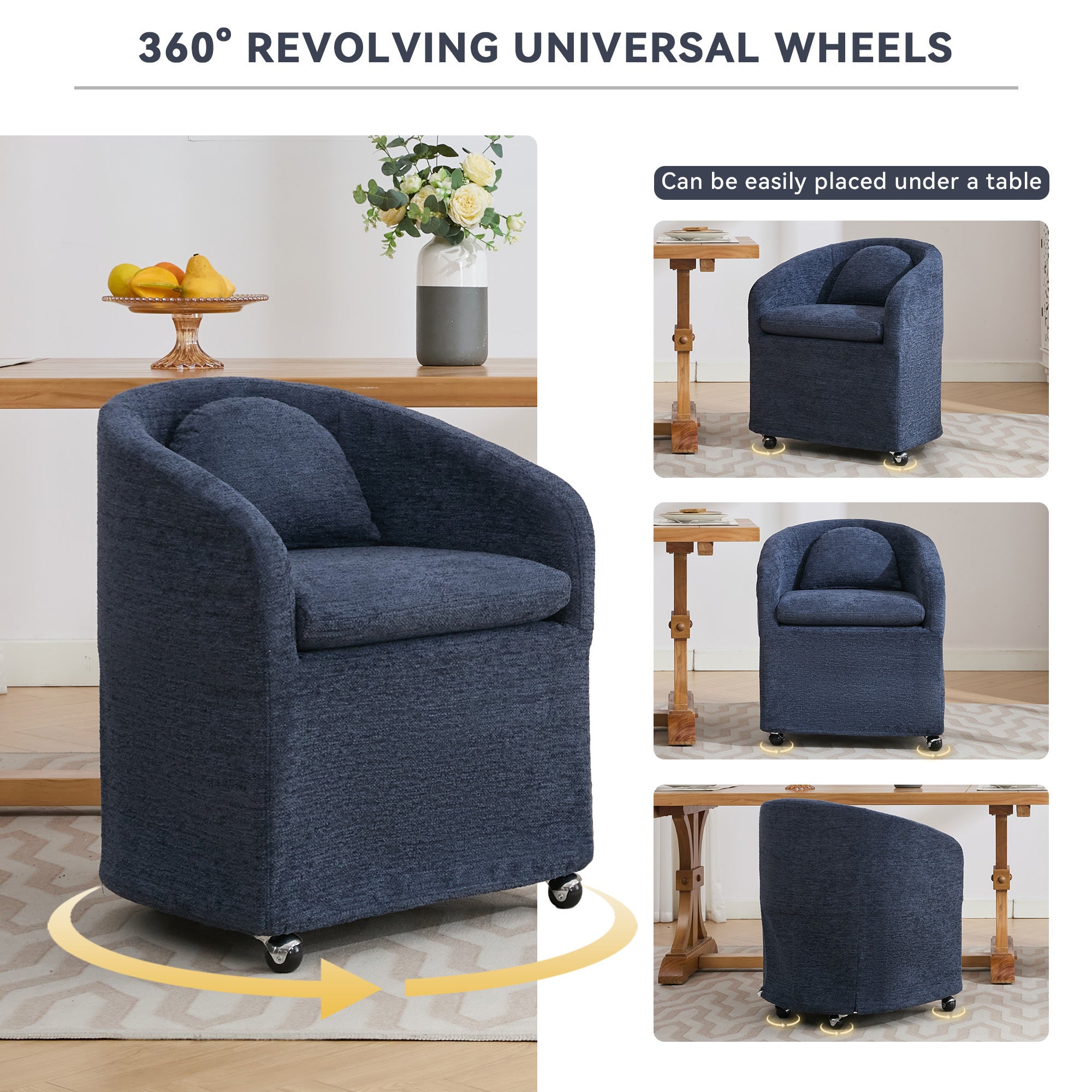 HAOYYE 059-Set of 1 Chenille Fabric Dining Armchair With Back Cushion and Universal Wheels,Blue Sturdy Space-Saving Heavy Duty Modern Design Adults Dorm Room Easy Assembly Bedroom Furniture
