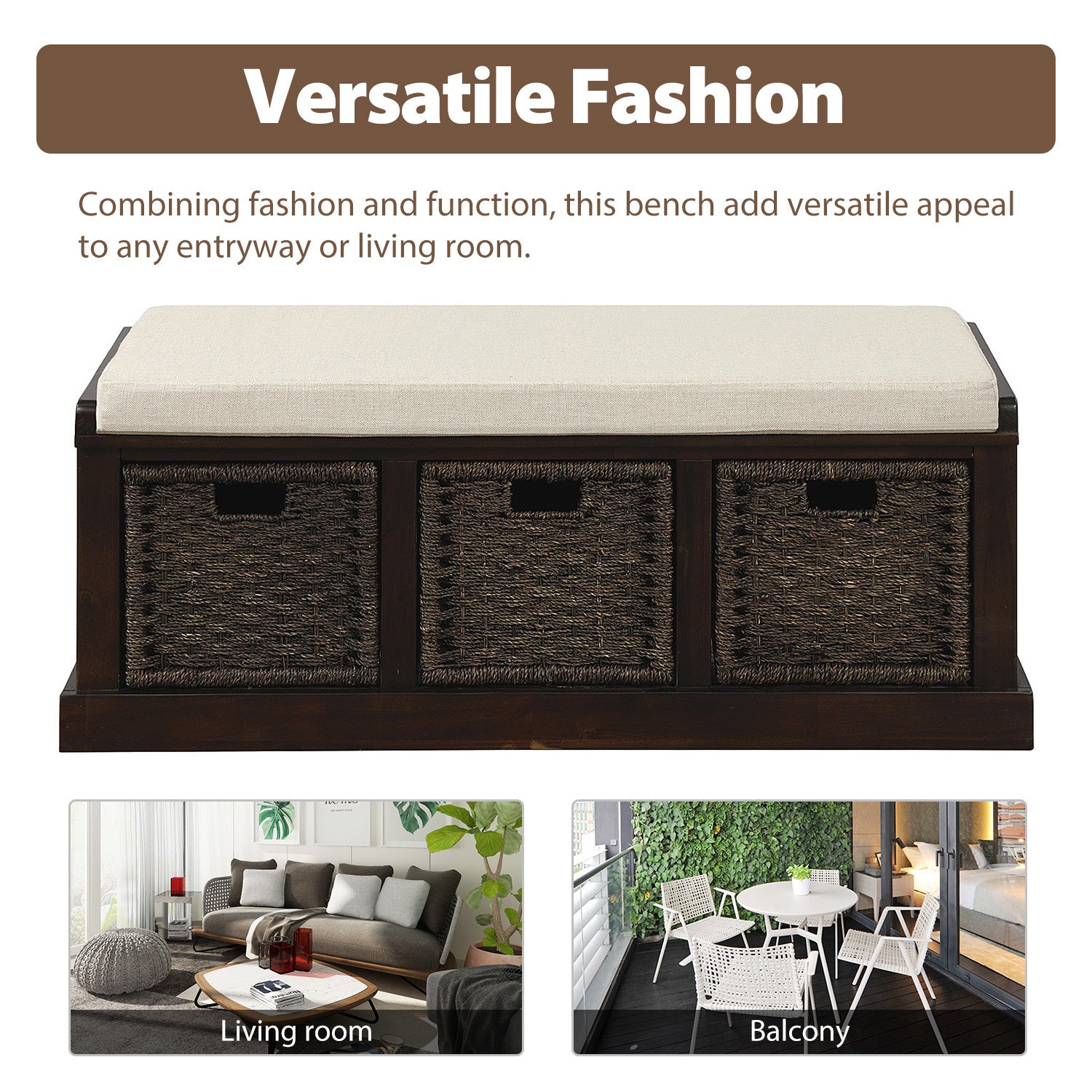 HAOYYE Rustic Storage Bench with 3 Removable Classic Rattan Basket , Entryway Bench with Removable Cushion (Espresso) Sturdy Space-Saving Heavy Duty Modern Design Easy Assembly Durable Stylish