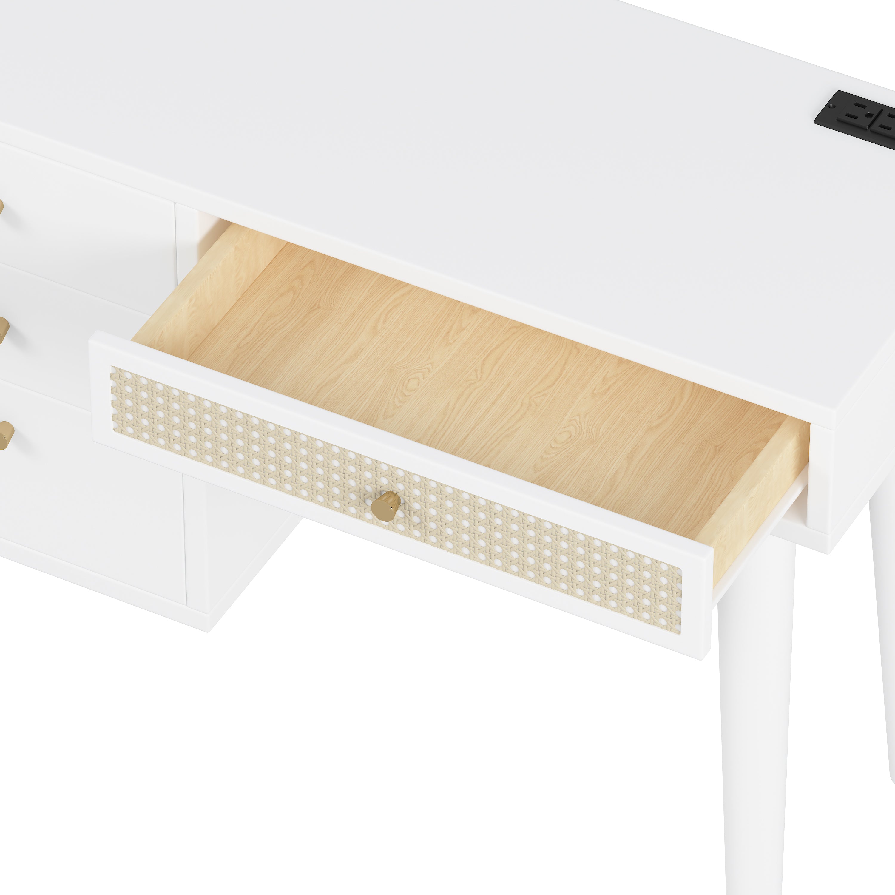 HAOYYE 39" Retro Bohemian Style Wooden Makeup Vanity Set with Charging Plug&USB Port and Stool, Dressing Table with 3 Storage Drawers and 1 Rectangular Rattan Drawer, White