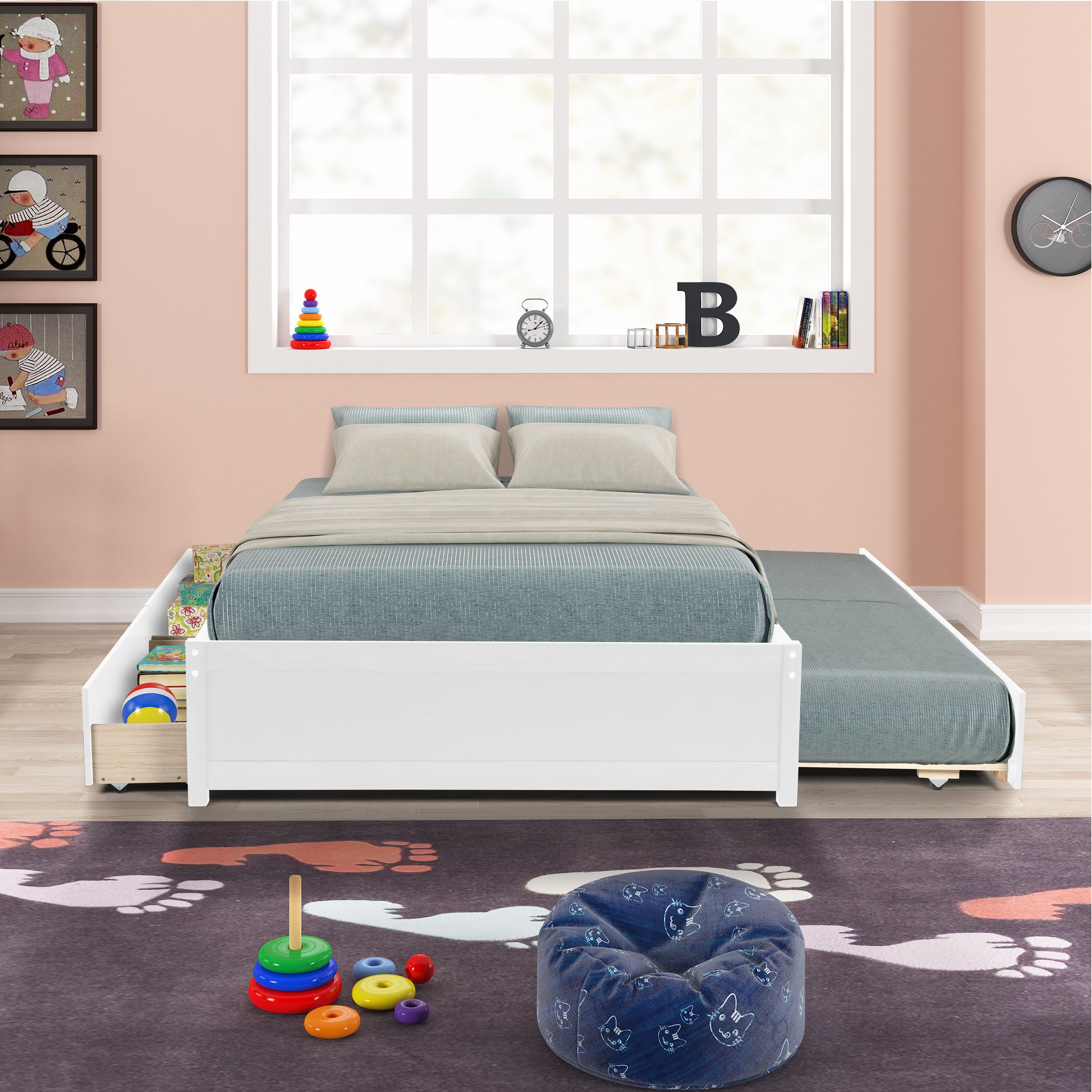 HAOYYE Full Bed with Twin Trundle and Two Drawers, White, Sturdy Space-Saving Design, Heavy Duty Construction, Easy Assembly, Durable and Stylish Home Furniture