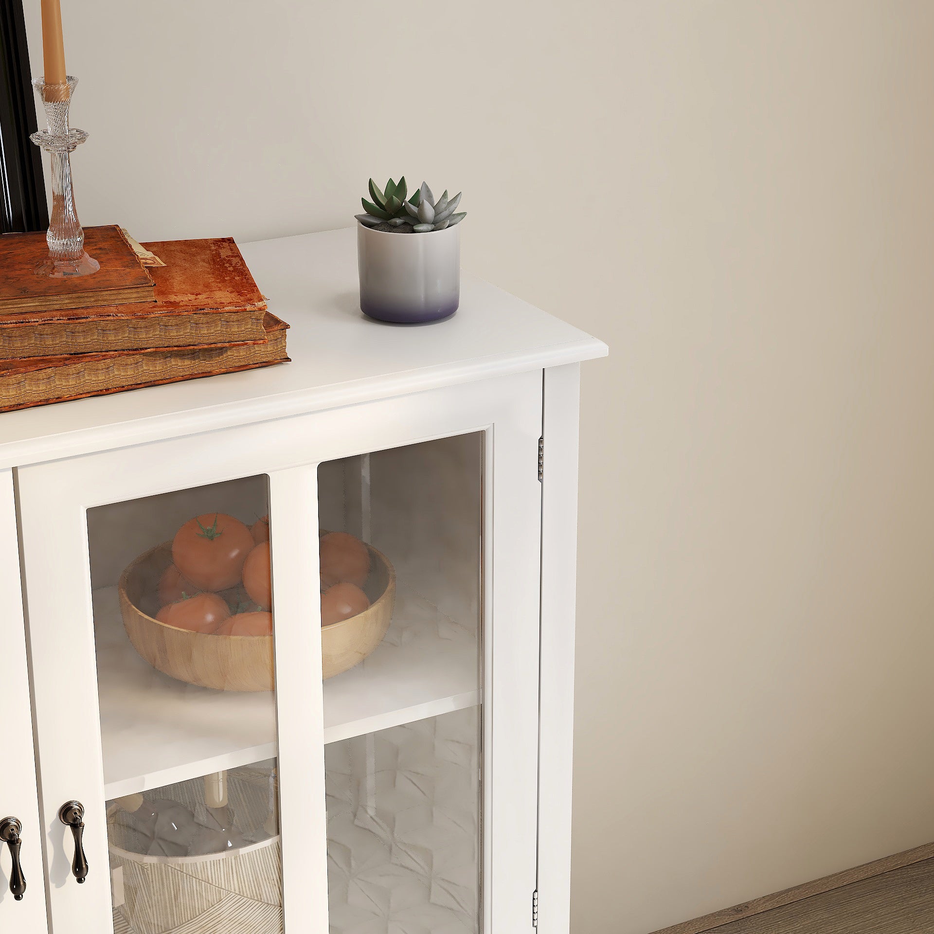 HAOYYE Buffet storage cabinet with double glass doors and unique bell handle Sturdy Space-Saving Heavy Duty Modern Design Easy Assembly Durable Stylish Home Furniture Versatile