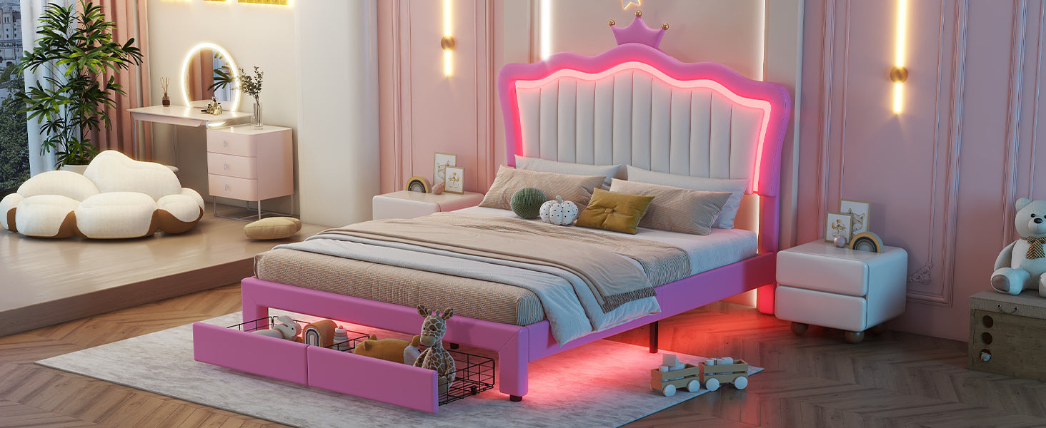 HAOYYE Full Size Upholstered Bed Frame With LED Lights, Modern Princess Bed With Crown Headboard And 2 Drawers, Pink And White, Sturdy Space-Saving Heavy Duty Design For Adults And Dorm Rooms