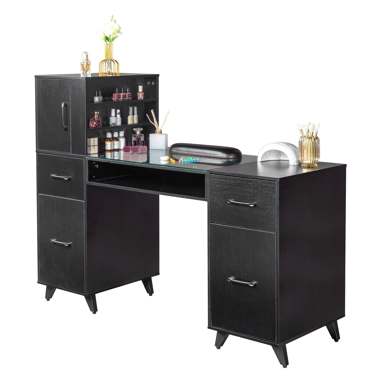 HAOYYE Black Nail Table with Tempered Glass Top and Relief Particle Board Finish, Three Doors and Two Drawers, Fanless Design for Salon Manicure Station or Home Beauty Workspace