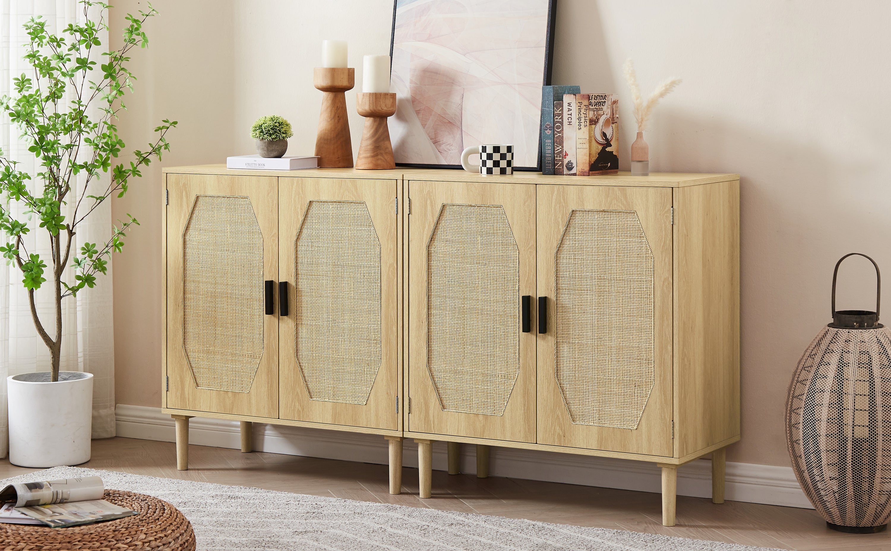 HAOYYE Kitchen storage cabinets with rattan decorative doors, buffets, wine cabinets, dining rooms, hallways, cabinet console tables, Natural, Sturdy Space-Saving Heavy Duty