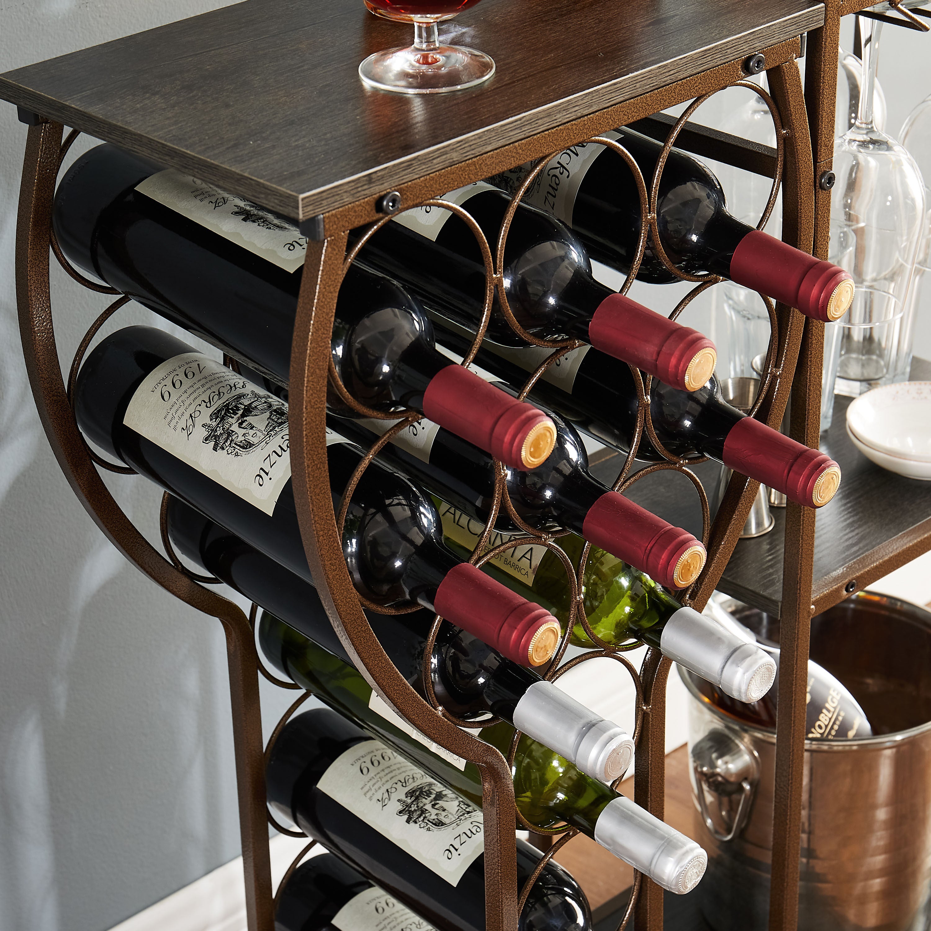 Haoyye Grey Wine Bakers Rack with 11 Bottle Storage, 5 Tier Freestanding Wine Rack with Hanging Glass Holder and Shelves, Rustic Metal and Wood Liquor Organizer for Kitchen, Dining Room or Home Bar, Sturdy Space-Saving Display Stand