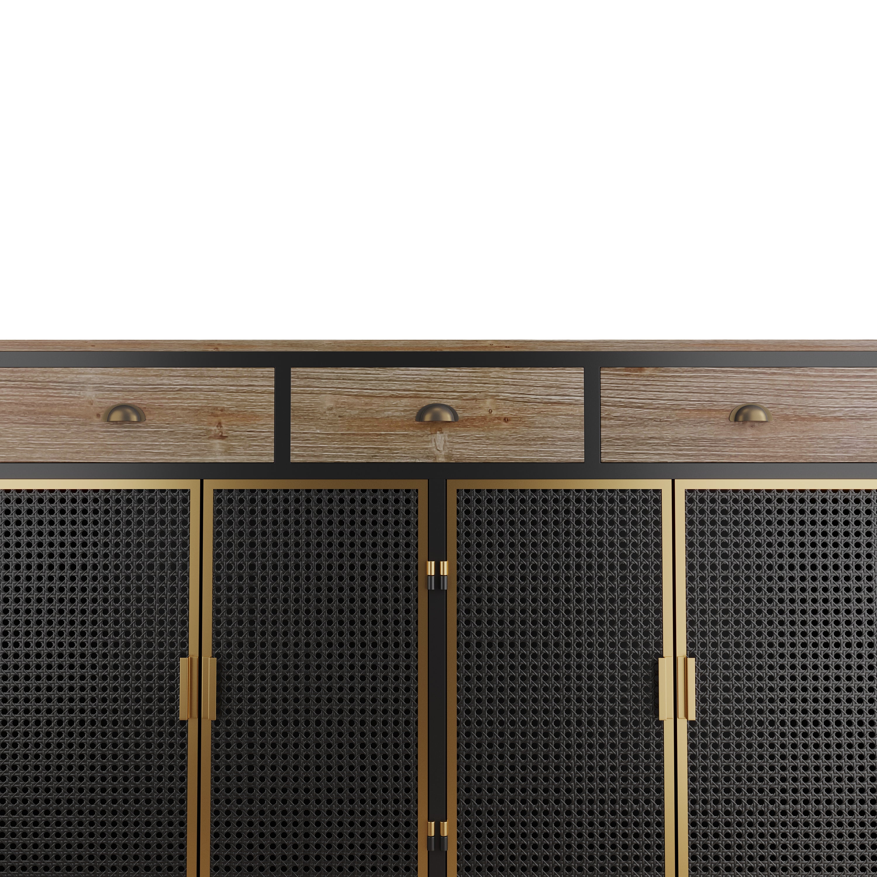 HAOYYE Modern Sideboard With 4 Doors And 3 Top Drawers, Freestanding Storage Cabinet For Entryway, Living Room, Office, Or Bedroom, Sturdy Space-Saving Heavy Duty Design