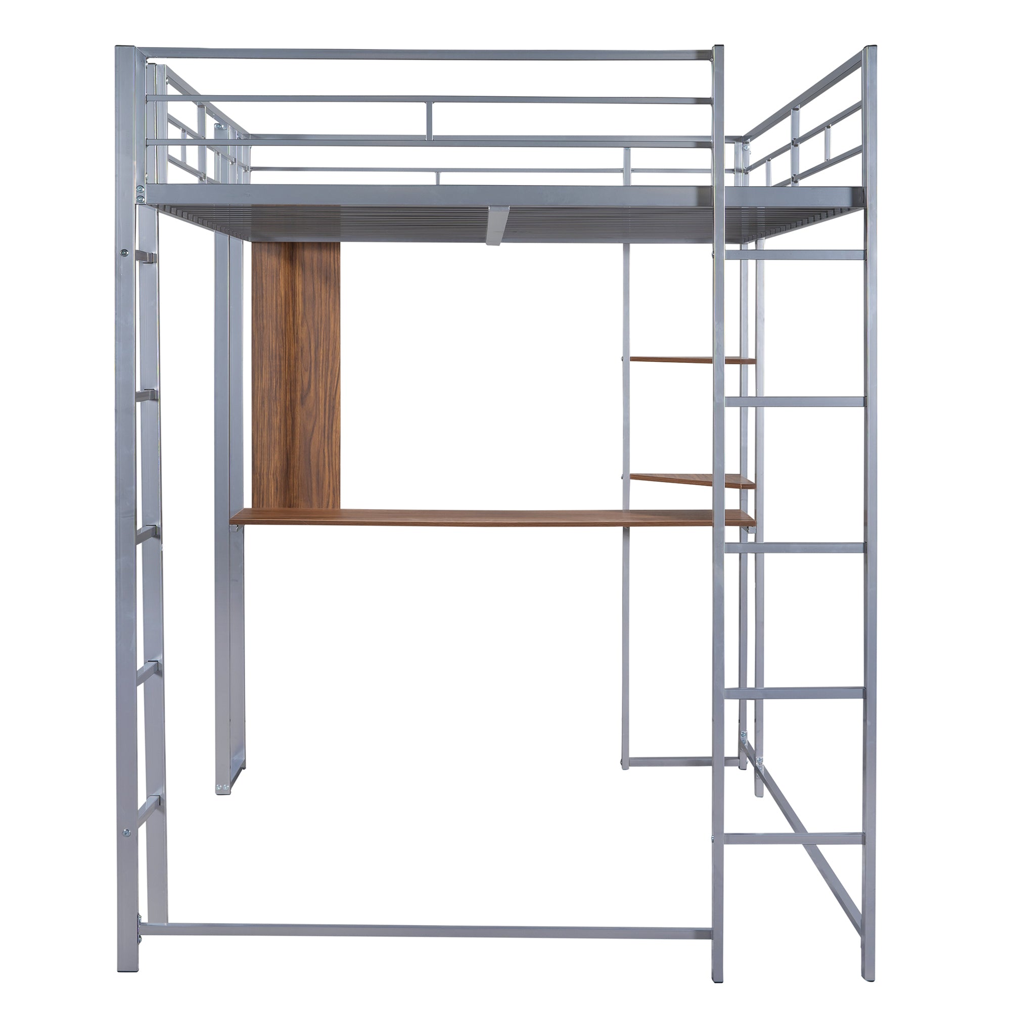 HAOYYE Full Size Metal Loft Bed with 2 Built-in Shelves & Desk, Silver – Space-Saving Design with Sturdy Metal Frame, Includes Full-Length Guardrails & Ladder, No Box Spring Needed, Perfect for Small Bedrooms & Dorm Rooms