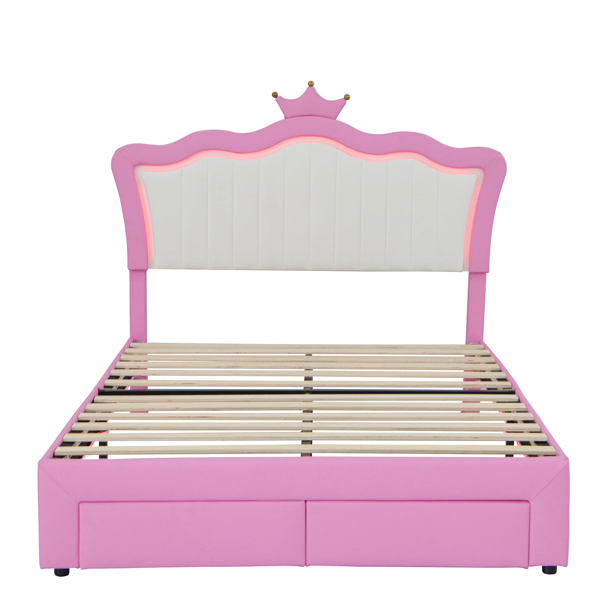 HAOYYE Full Size Upholstered Bed Frame With LED Lights, Modern Princess Bed With Crown Headboard And 2 Drawers, Pink And White, Sturdy Space-Saving Heavy Duty Design For Adults And Dorm Rooms