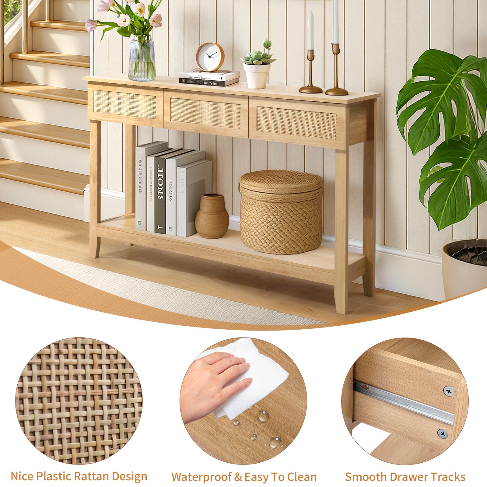 HAOYYE Natural Wood Boho Style Rattan Console Table with 3 Drawers and Open Storage Shelf, Narrow Entryway Sofa Table for Hallway Foyer Behind Couch, Rustic Farmhouse Accent Table