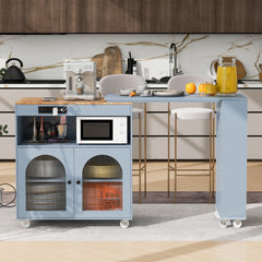 HAOYYE K&K Rolling Kitchen Island With Extended Table, Kitchen Island on Wheels with LED Lights,Power Outlets and 2 Fluted Glass Doors, Kitchen Island with a Storage Compartment and Side 3 Open Shelves, Grey